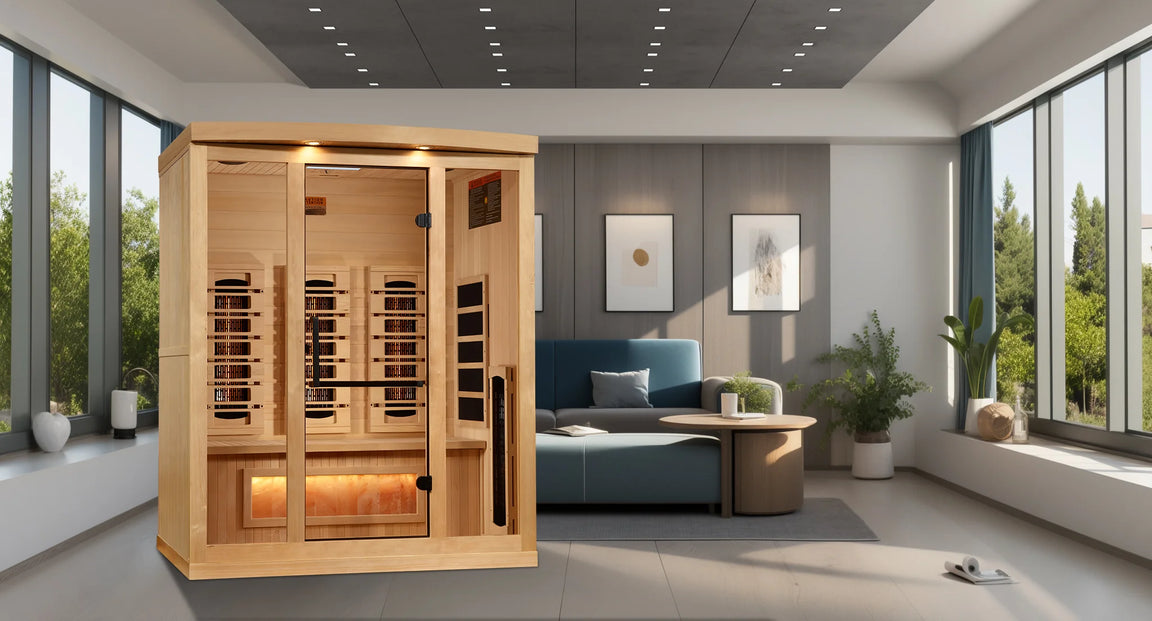 Premium full spectrum infrared sauna for home use 4-person model featuring Himalayan salt wall and natural wood finish