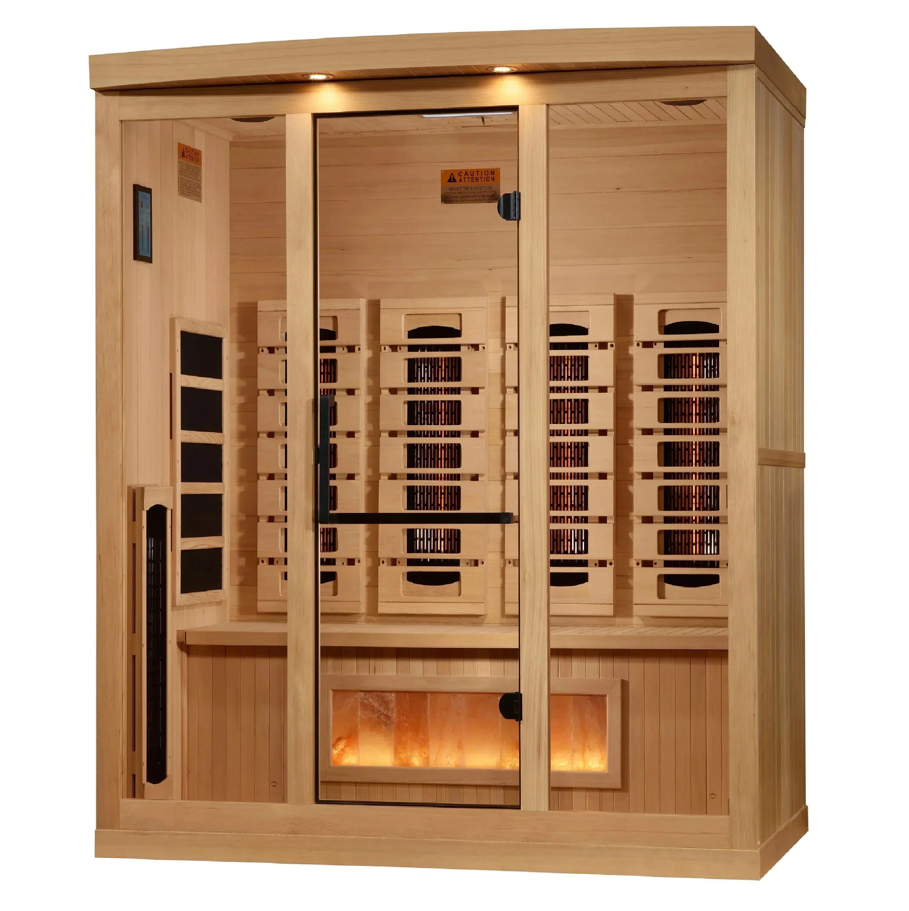 Spacious interior view of the GDI-8040-03 indoor sauna showing the comfortable Canadian Hemlock wood bench seating and full spectrum infrared heating panels.