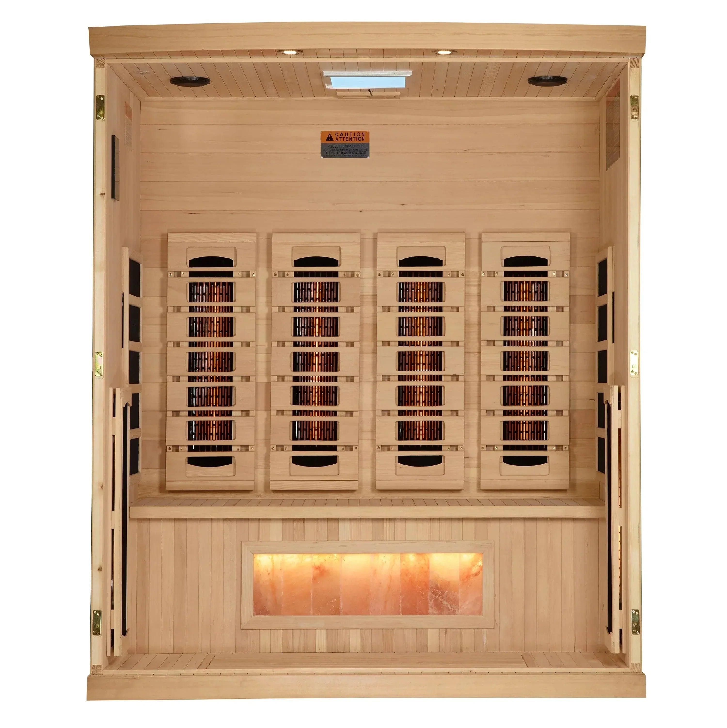 Golden Designs 4-person Reserve Edition full spectrum sauna beautifully installed in a home master suite with ambient wellness lighting turned on.