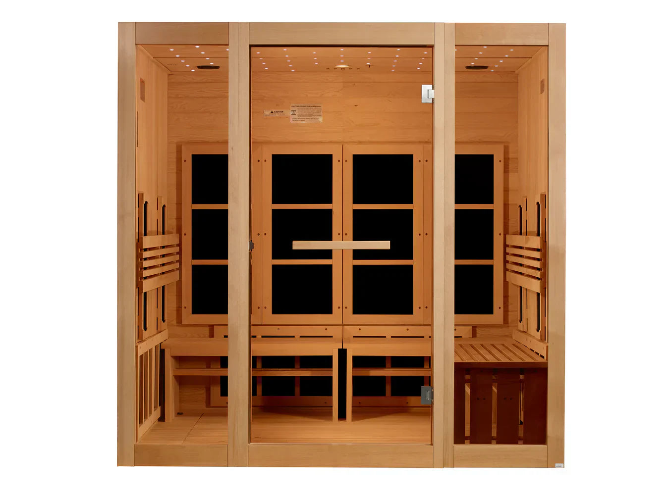 Golden Designs 8 Person Full Spectrum Near Zero EMF FAR Infrared Sauna GDI-6880-03 FS featuring spacious Canadian hemlock wood cabin design, chromotherapy lighting, and advanced multi-person wellness heating system for home spa relaxation