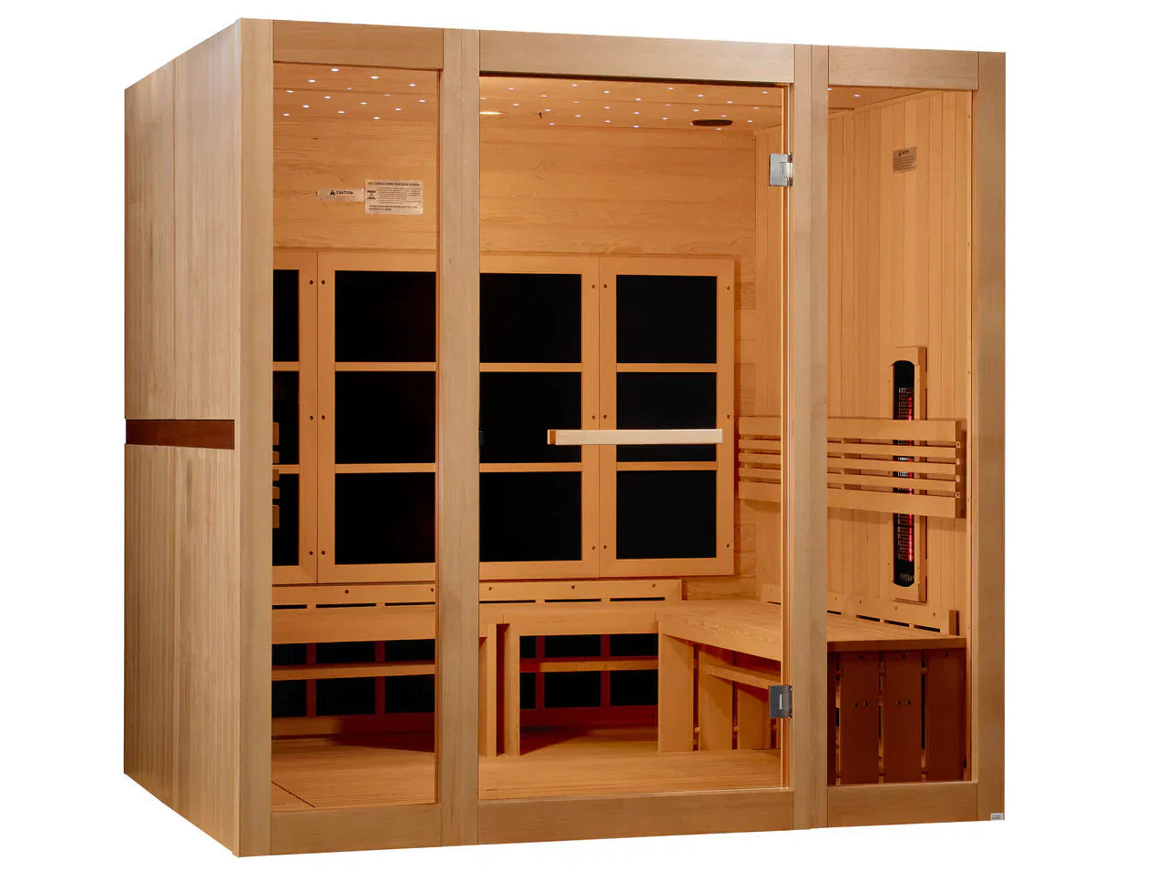 GDI-6880-03 FS Exterior side angle of Golden Designs 8-person far infrared home sauna cabin emphasizing premium wood construction and freestanding design.