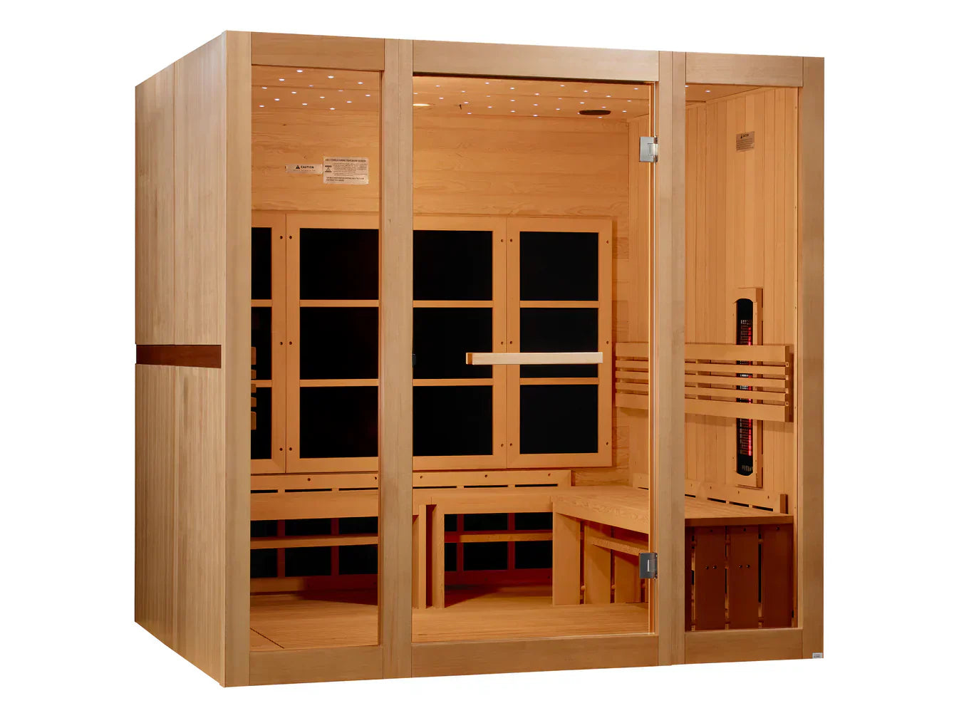 GDI-6880-03 FS Exterior side angle of Golden Designs 8-person far infrared home sauna cabin emphasizing premium wood construction and freestanding design.