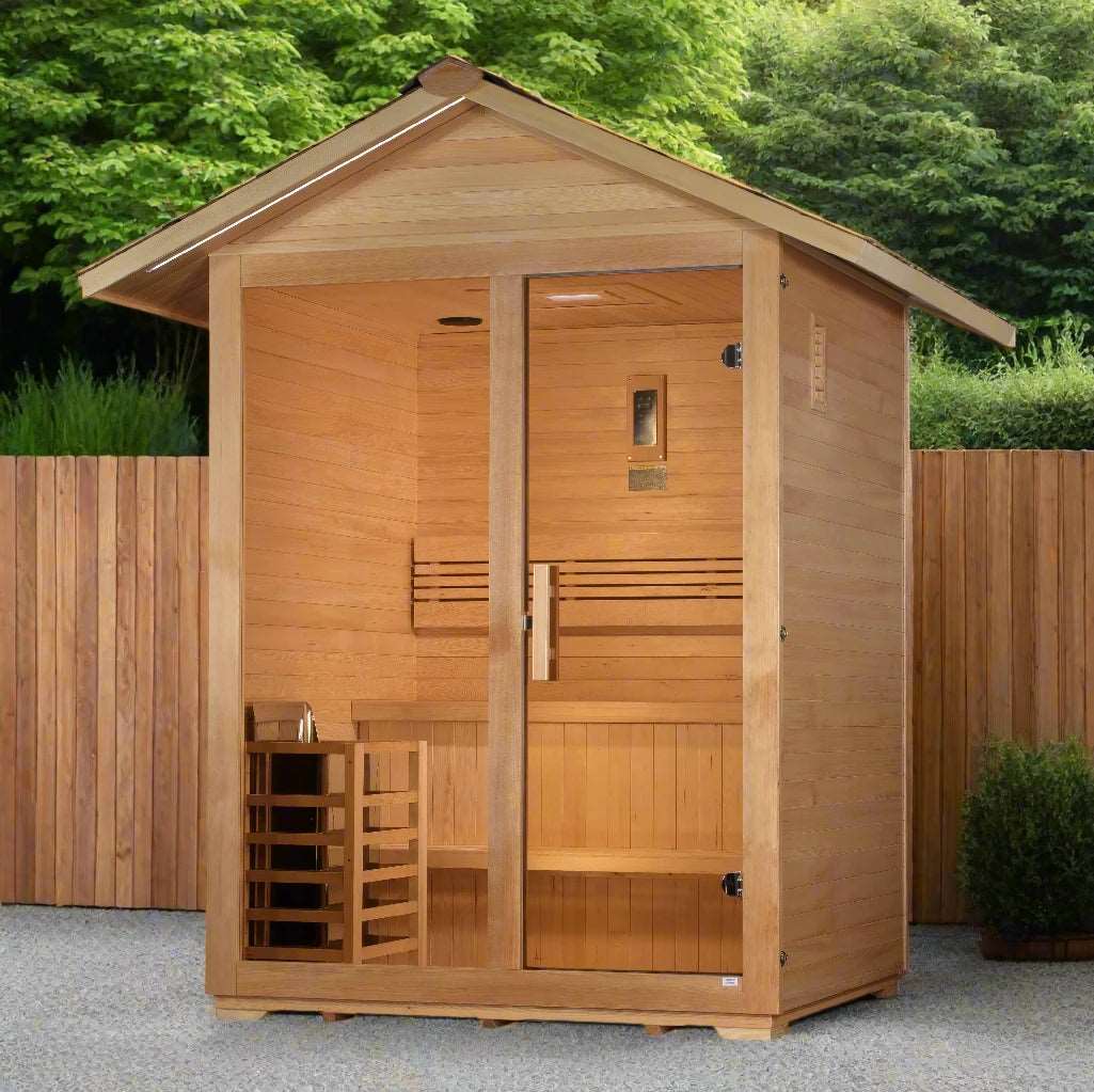 Golden Designs Arlberg outdoor sauna for 3 people, made with durable Canadian Hemlock and designed for wellness and recovery at home