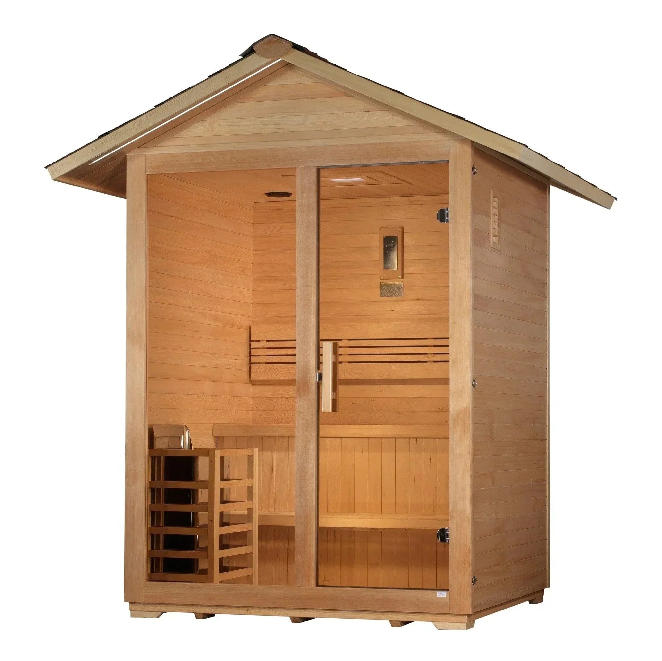 Golden Designs Arlberg 3-person traditional outdoor sauna made from Canadian Hemlock wood, designed for backyard wellness and relaxation