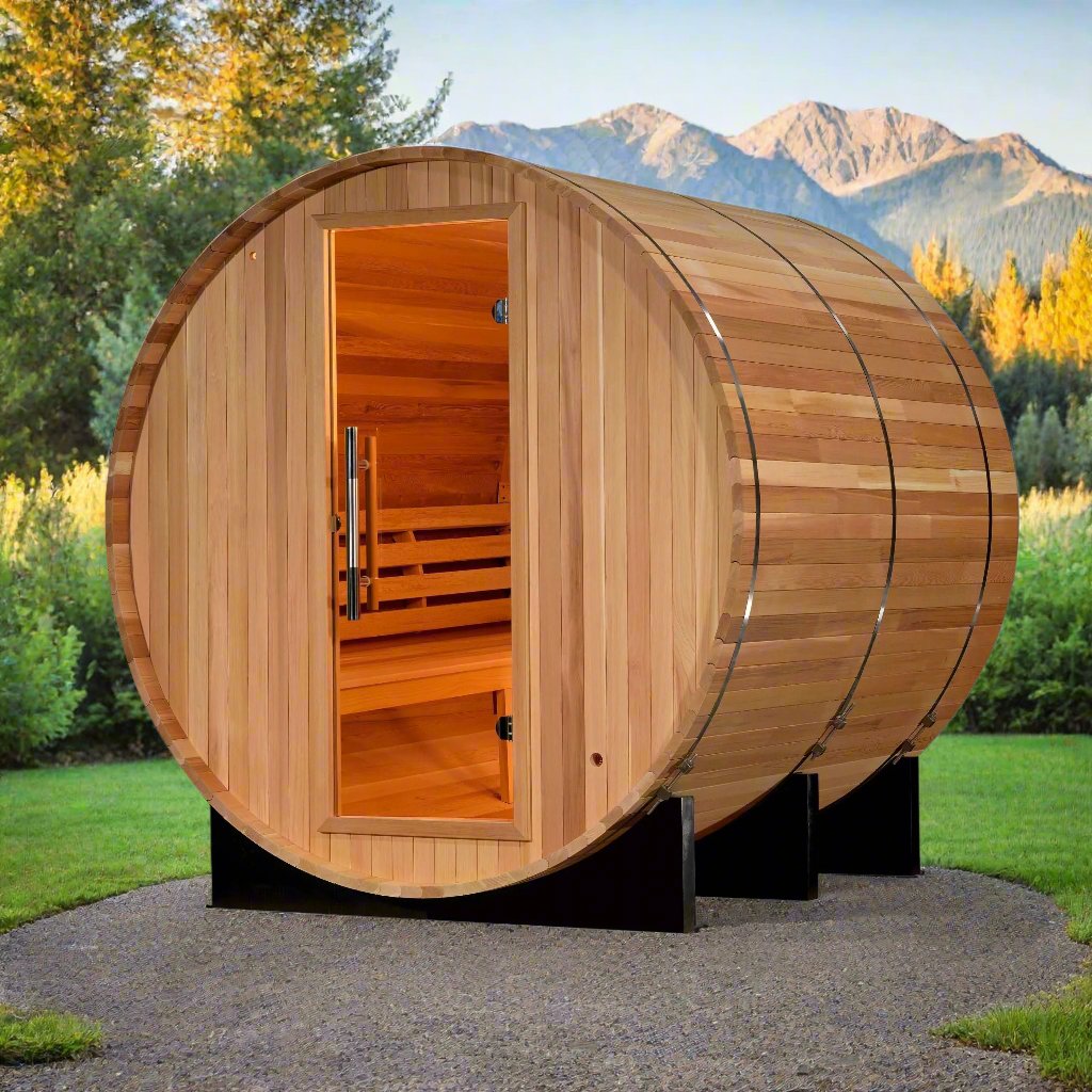 Golden Designs Arosa traditional barrel sauna for 4 users, featuring cedar wood construction and rounded shape optimized for heat circulation and comfort.
