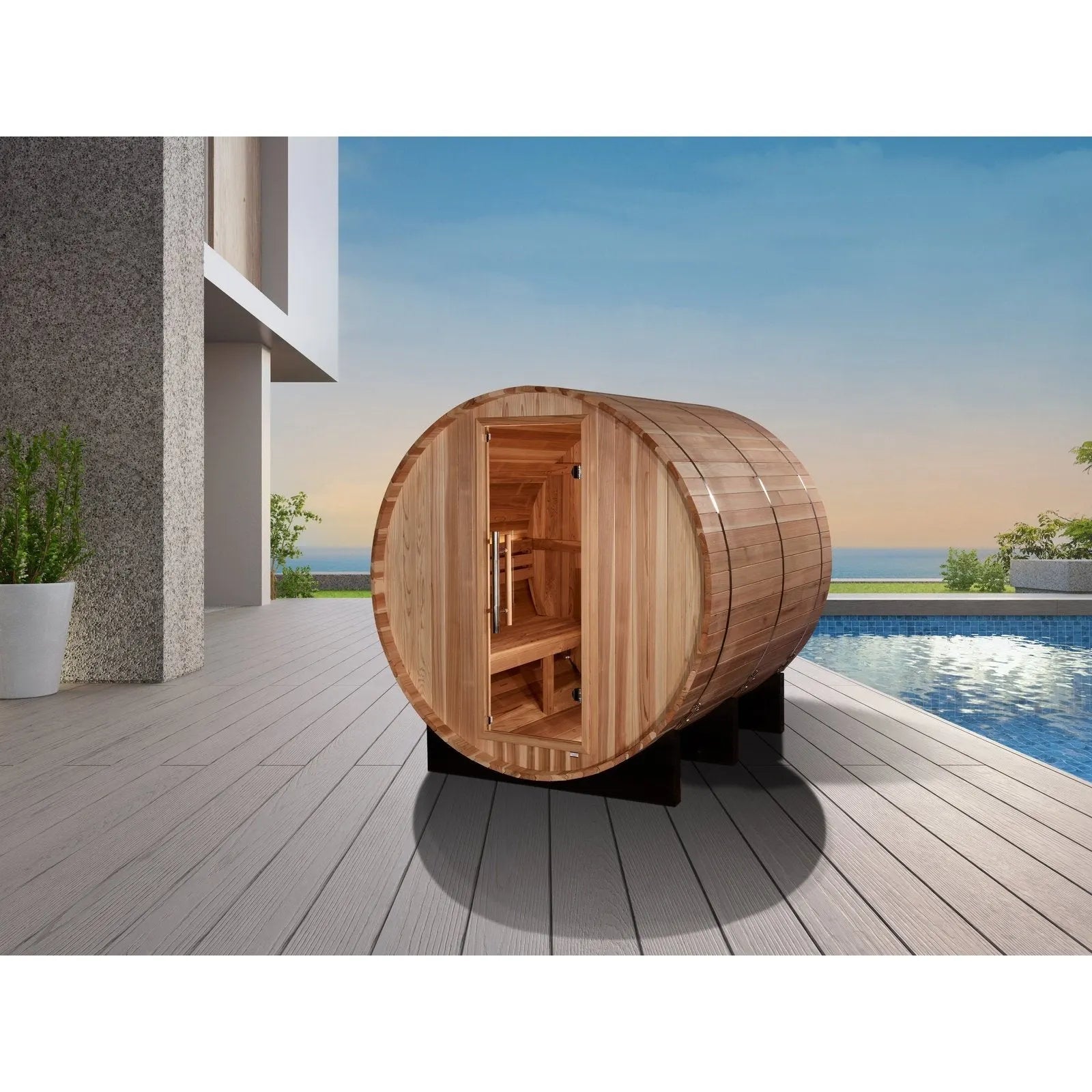 Golden Designs Arosa 4 person outdoor barrel sauna built from premium cedar wood with traditional heating design for backyard spa relaxation and wellness.