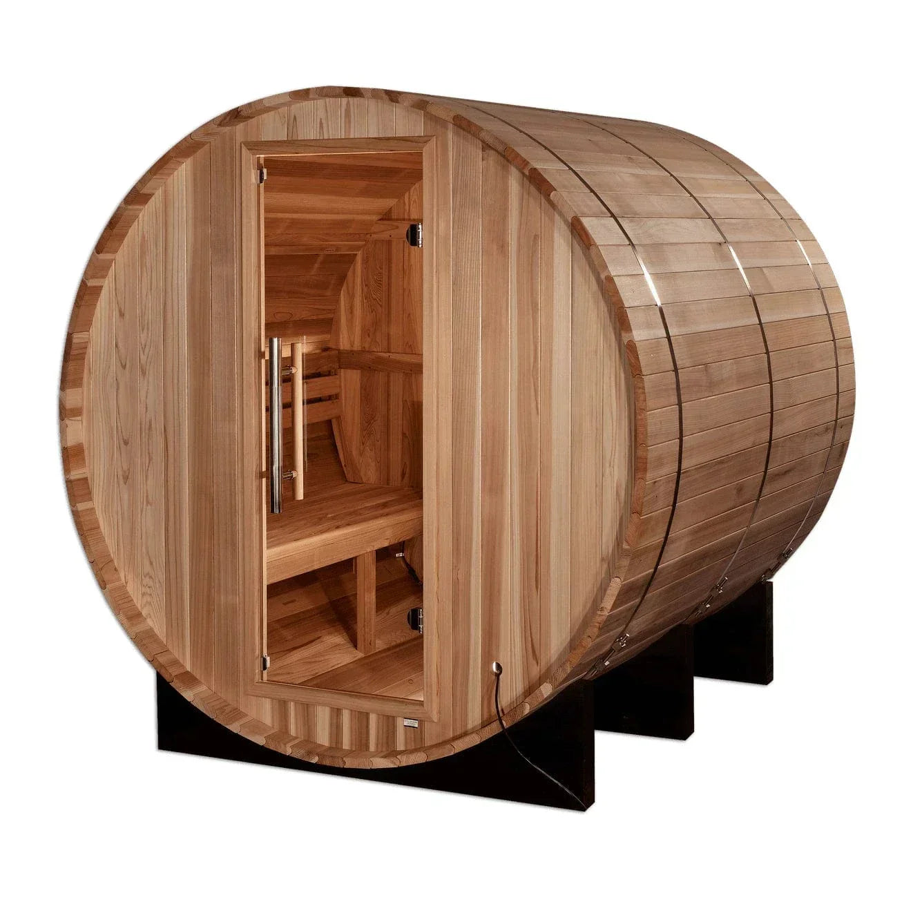 4 Person Golden Designs Arosa Barrel Traditional Sauna featuring premium cedar construction and ergonomic rounded design for improved heat flow and outdoor wellness.