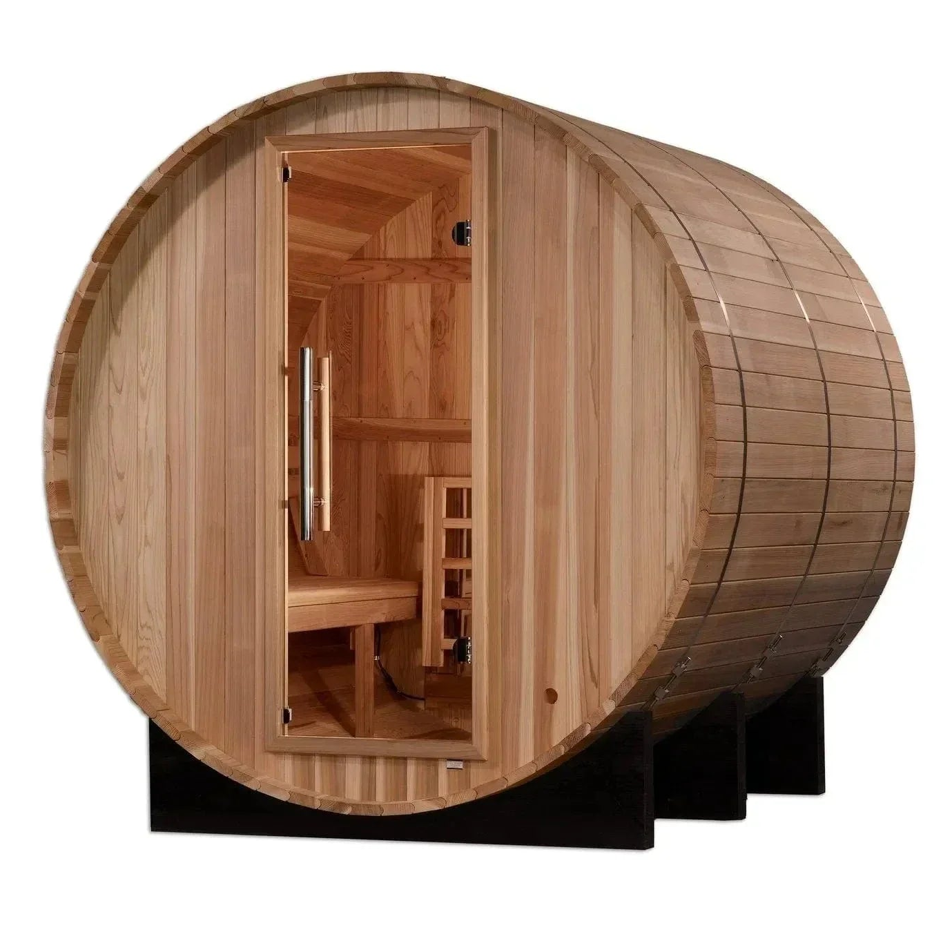 Golden Designs Arosa 4 Person Barrel Traditional Outdoor Sauna crafted from premium Pacific cedar wood with ergonomic barrel design for efficient heat circulation and luxury backyard wellness experience.