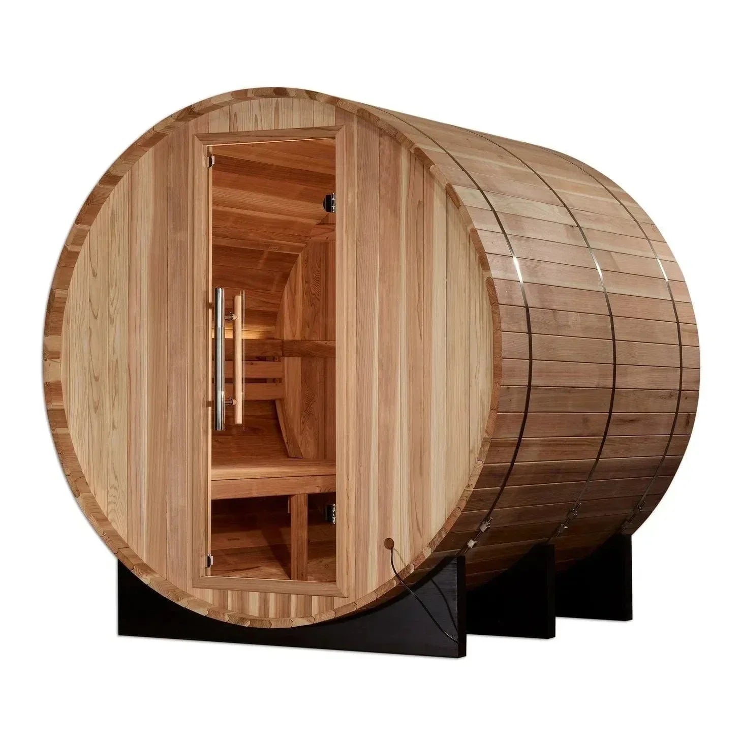 Outdoor 4 person barrel sauna Golden Designs Arosa model with high-quality wood build and ergonomic design for relaxing home spa and wellness sessions.