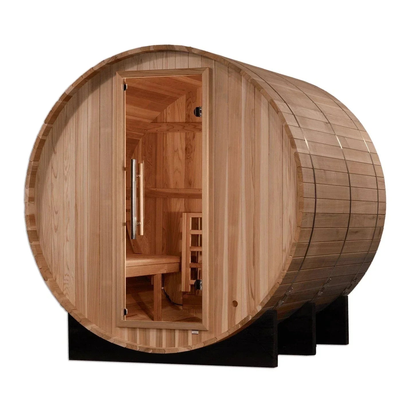 Arosa 4 person barrel sauna by Golden Designs crafted in cedar wood with traditional heating efficiency and curved structure for even heat distribution.