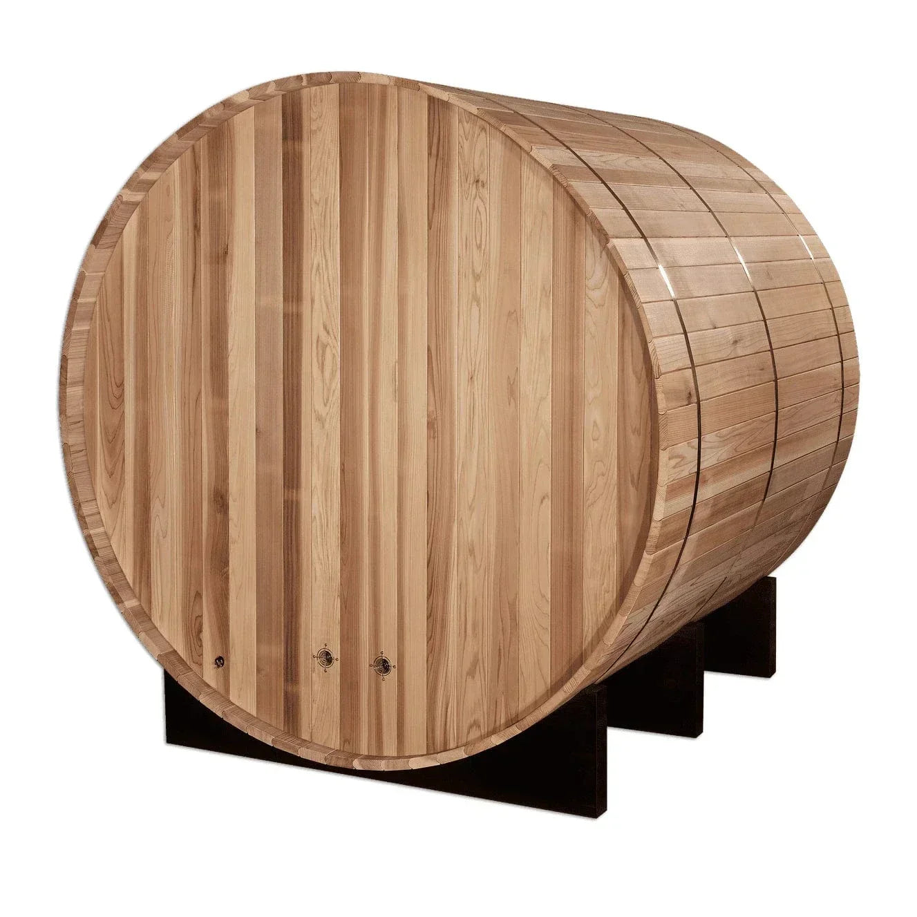 Golden Designs Arosa outdoor barrel sauna for 4 people with natural wood finish, traditional heating style, and compact luxury backyard spa design.
