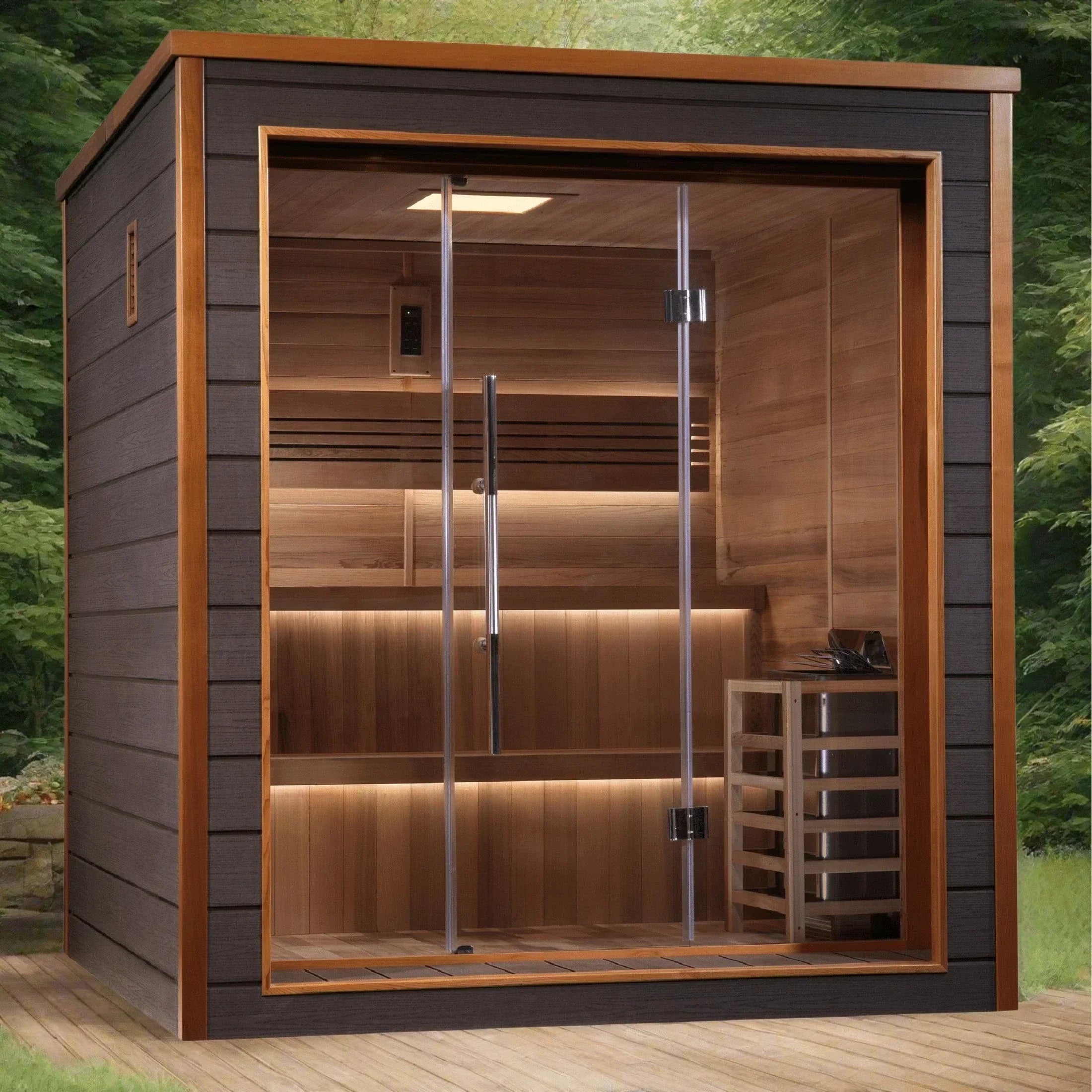 Premium freestanding residential outdoor traditional sauna cabin designed for year-round backyard wellness and recovery.