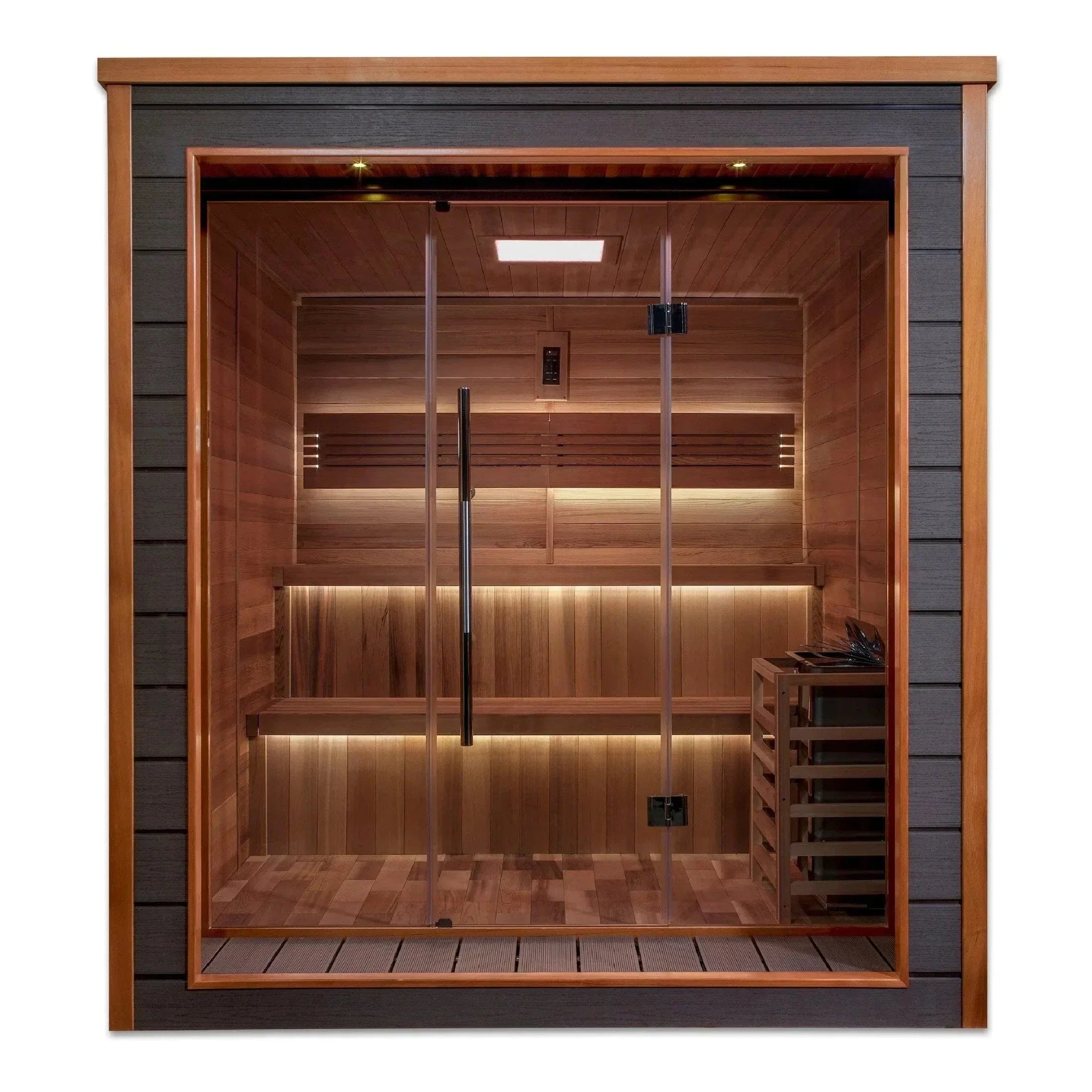 Outdoor 6-person traditional sauna cabin by Golden Designs Bergen featuring Canadian Red Cedar interior for authentic home spa and wellness experience