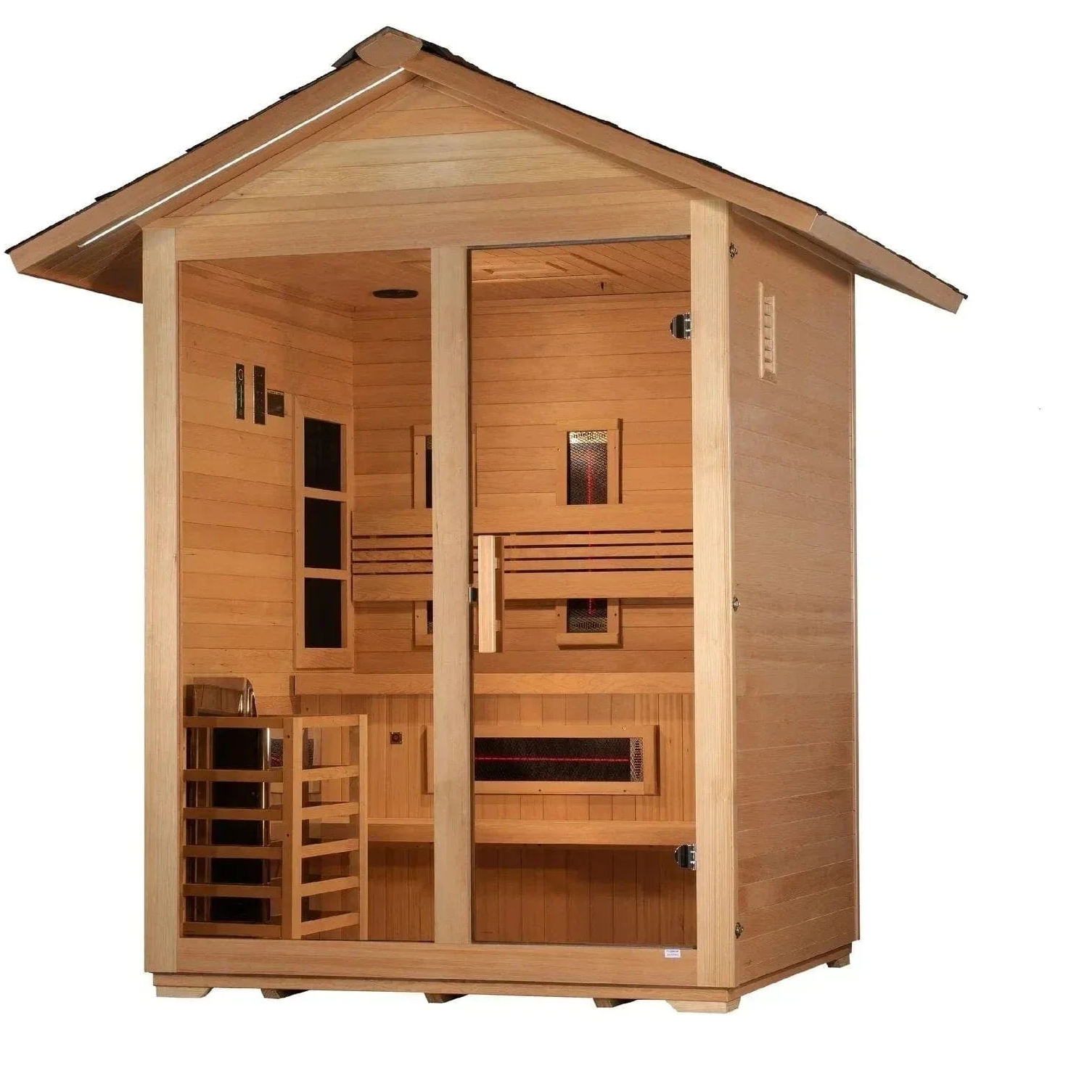 GDI-8123-01  Golden Designs Carinthia 3-person hybrid outdoor sauna cabin made from durable Canadian Hemlock wood with a sloped weatherproof roof for backyard placement.