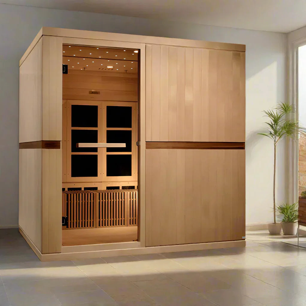 Energy-efficient 8-person infrared sauna built with Canadian Hemlock wood and fast-heating PureTech technology for home spa use