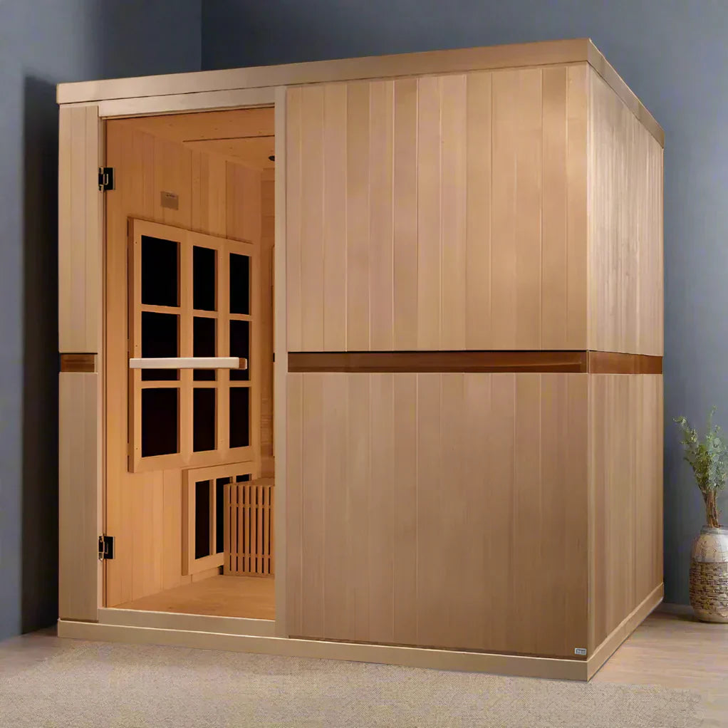 Golden Designs Catalonia 8-person far infrared sauna cabin with premium Canadian Hemlock wood structure designed for luxury home spa environments