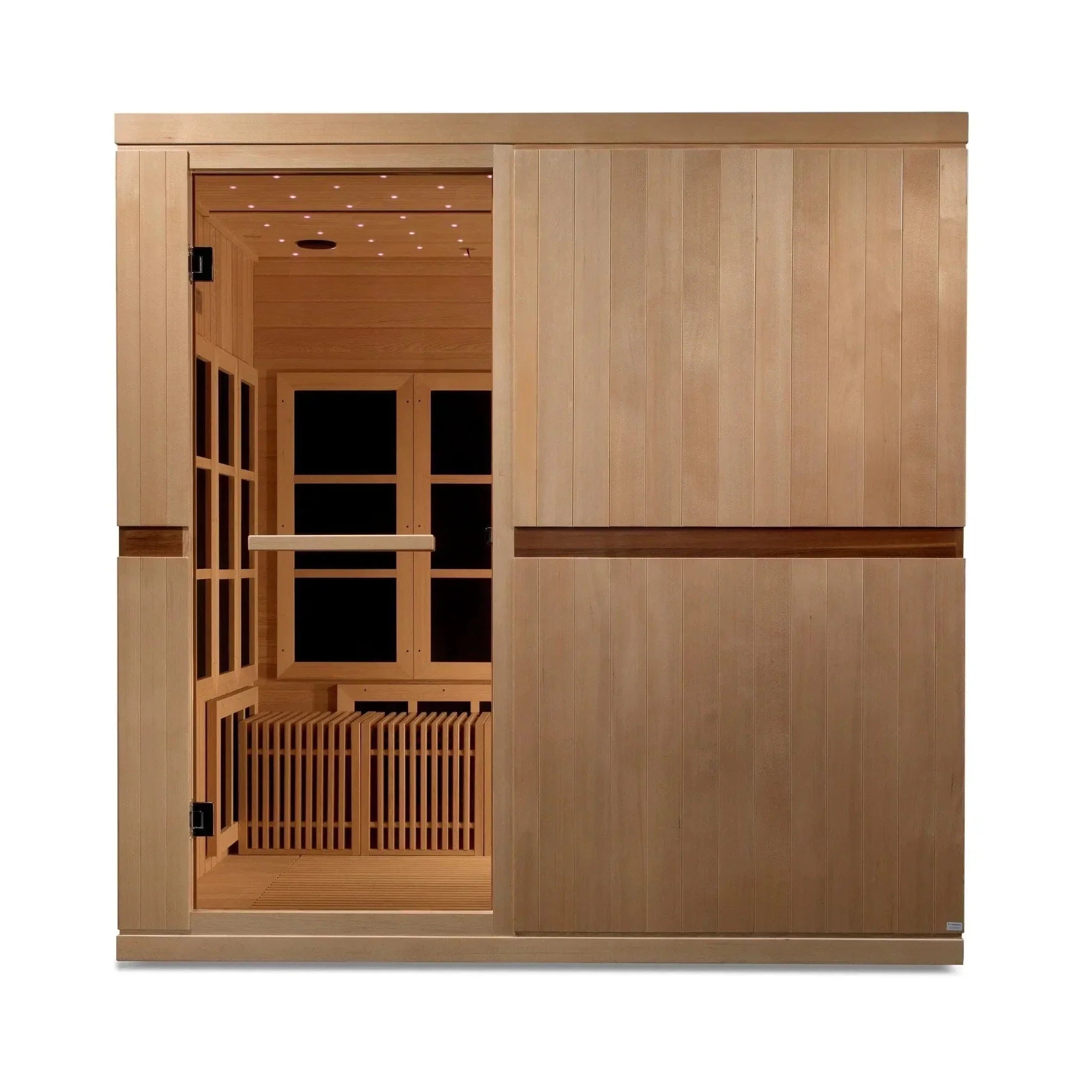Interior of Golden Designs Catalonia sauna highlighting the advanced PureTech Ultra Low EMF heating panels rated under 2MG.