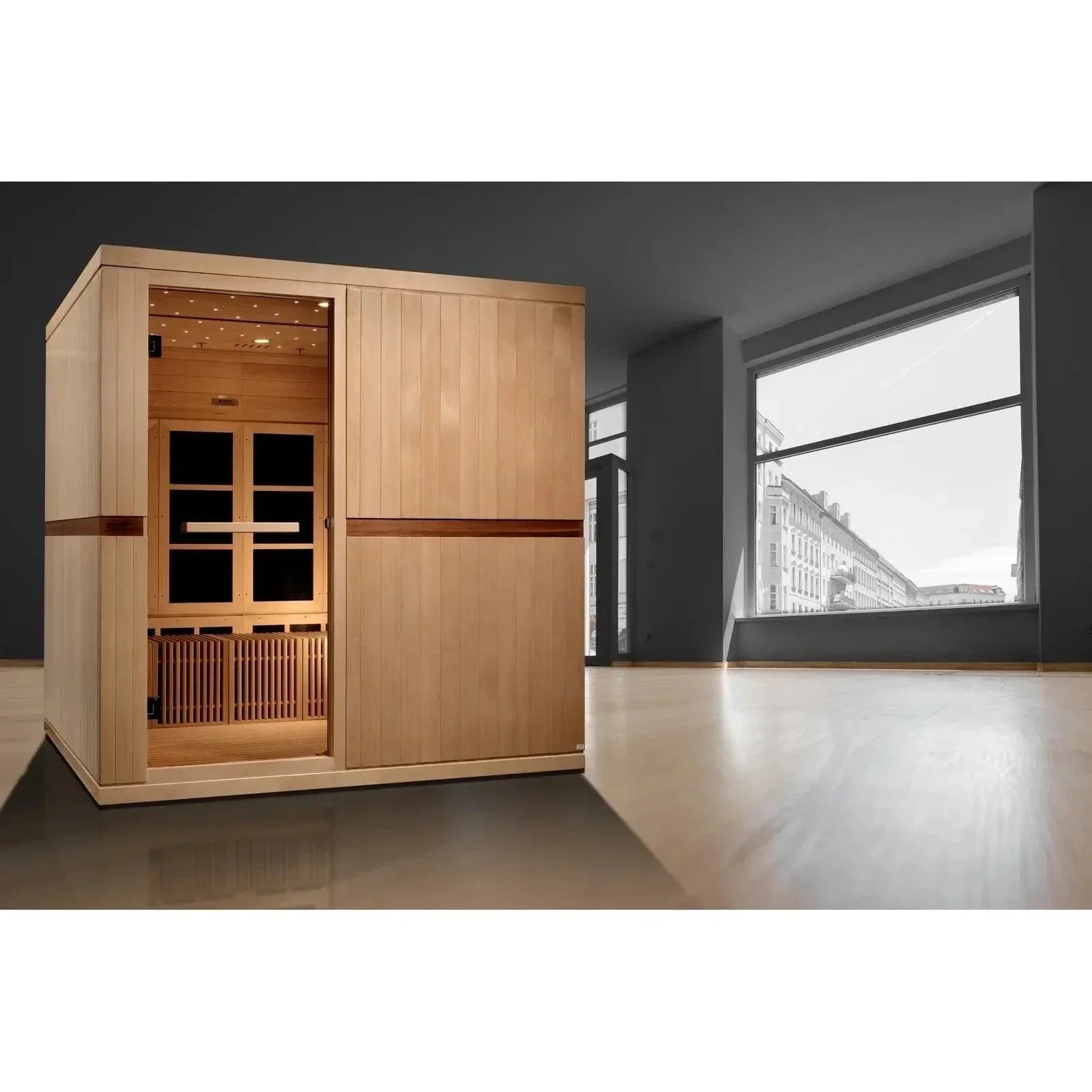 Large home wellness sauna cabin for up to 8 people featuring Golden Designs Catalonia far infrared technology and modern spa comfort design