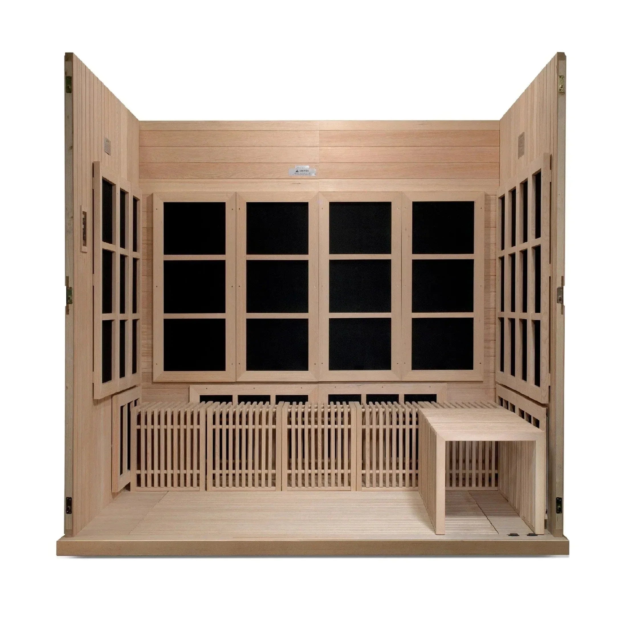 Golden Designs Catalonia 8-person far infrared sauna with Canadian Hemlock wood construction and modern outdoor wellness cabin design