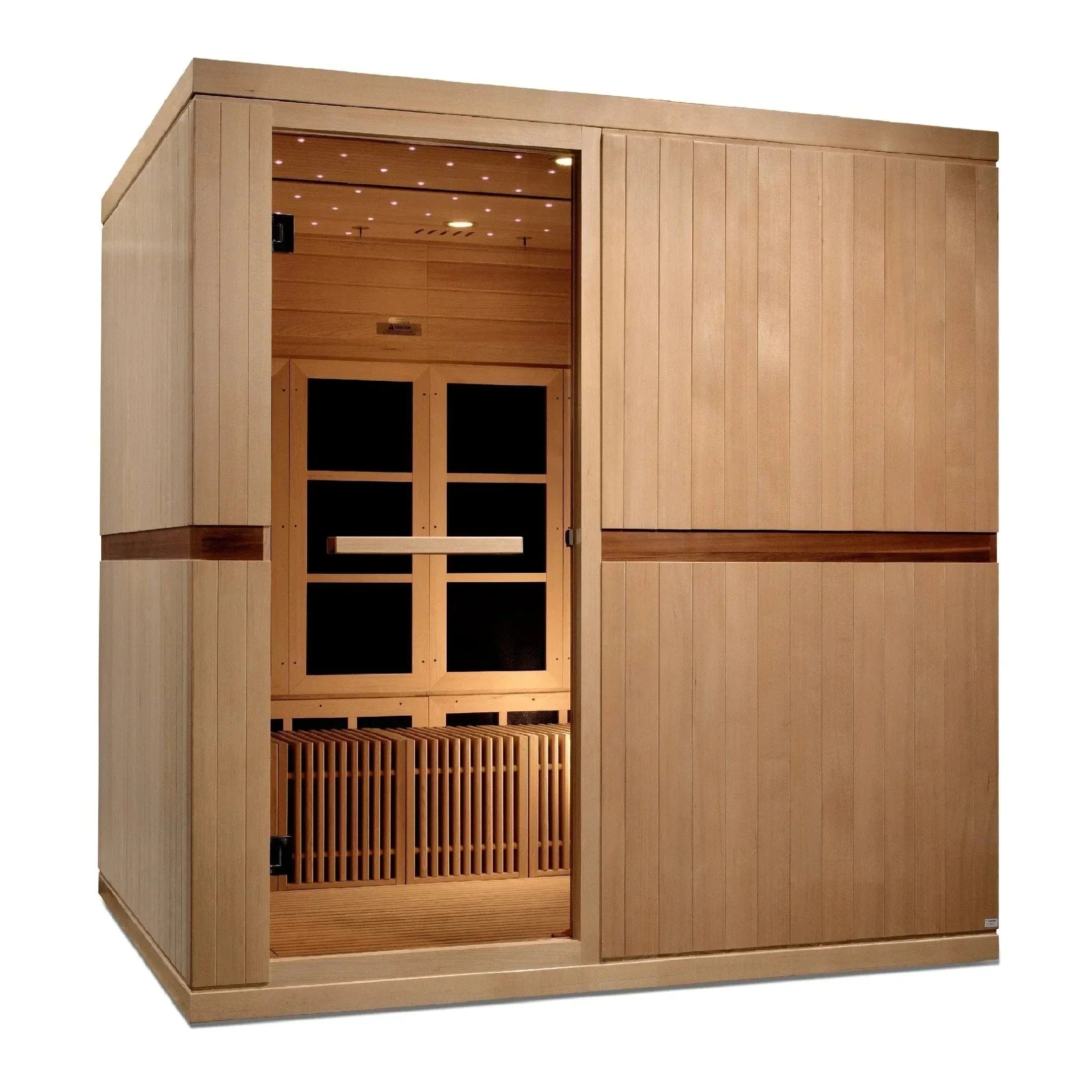 Golden Designs Catalonia 8-person FAR infrared sauna cabin constructed from premium Canadian Hemlock wood with a large glass front profile.