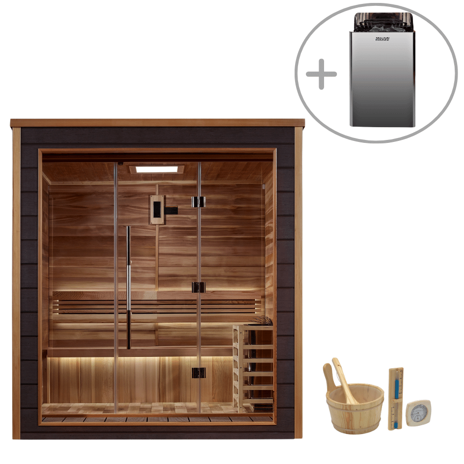 Luxury compact outdoor sauna cabin for 3 persons Golden Designs Drammen with red cedar interior and traditional sauna heating experience