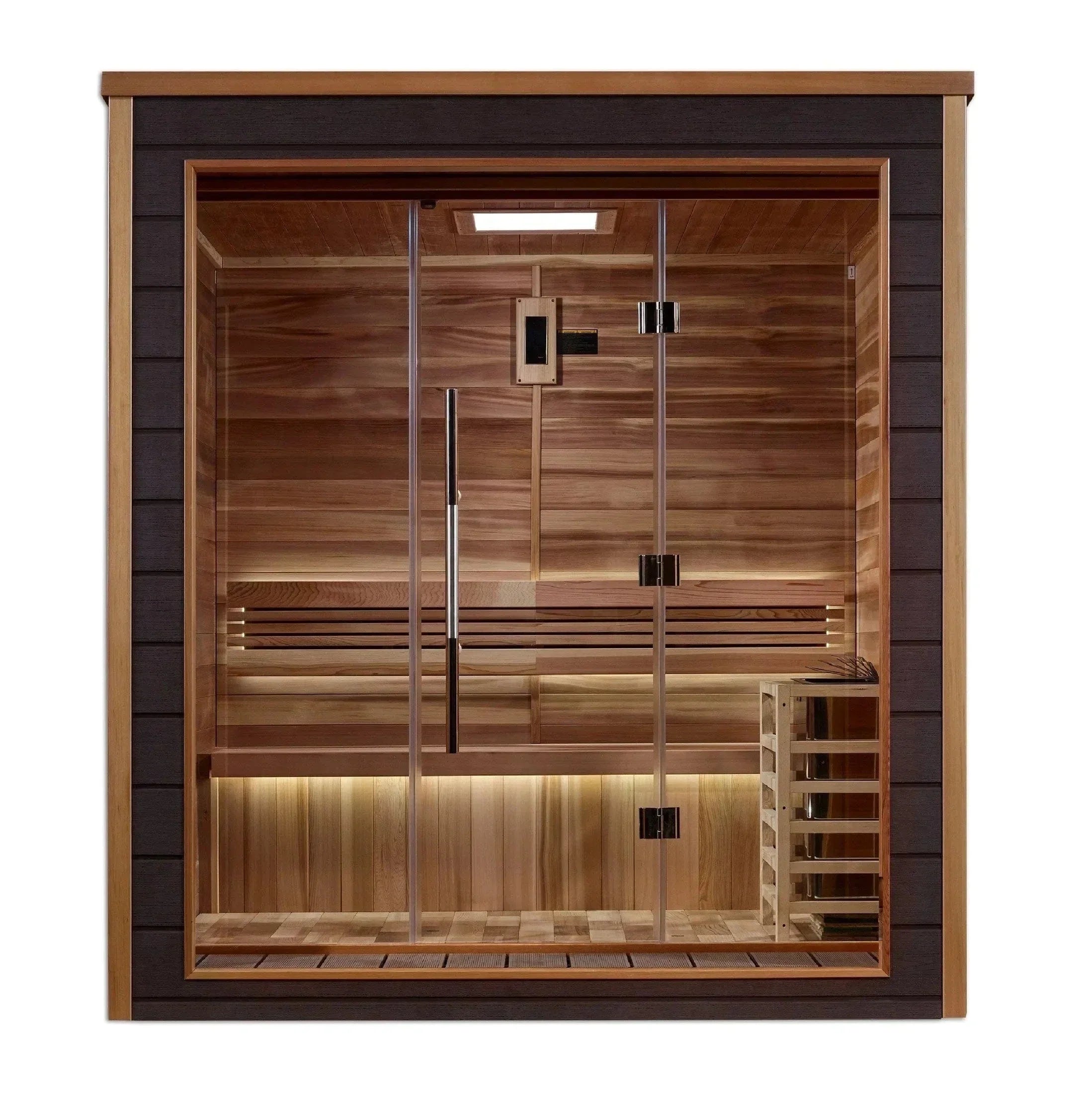 Interior view of the Golden Designs Drammen outdoor traditional sauna showcasing premium aromatic Canadian Red Cedar wood lining and comfortable seating.