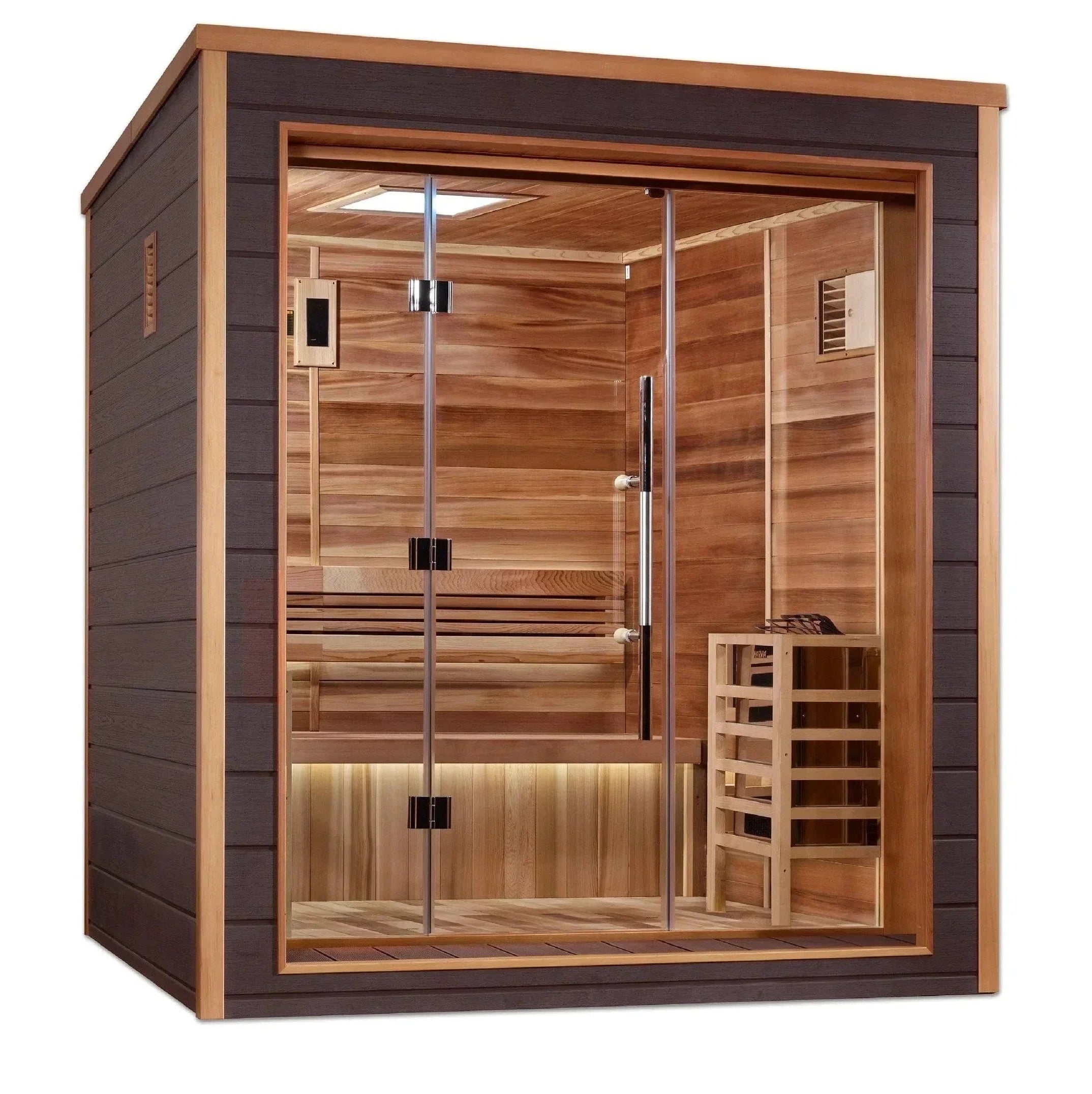 Golden Designs Drammen GDI-8203-01 3-person outdoor traditional sauna cabin featuring a weather-resistant exterior shell built for backyard placement.