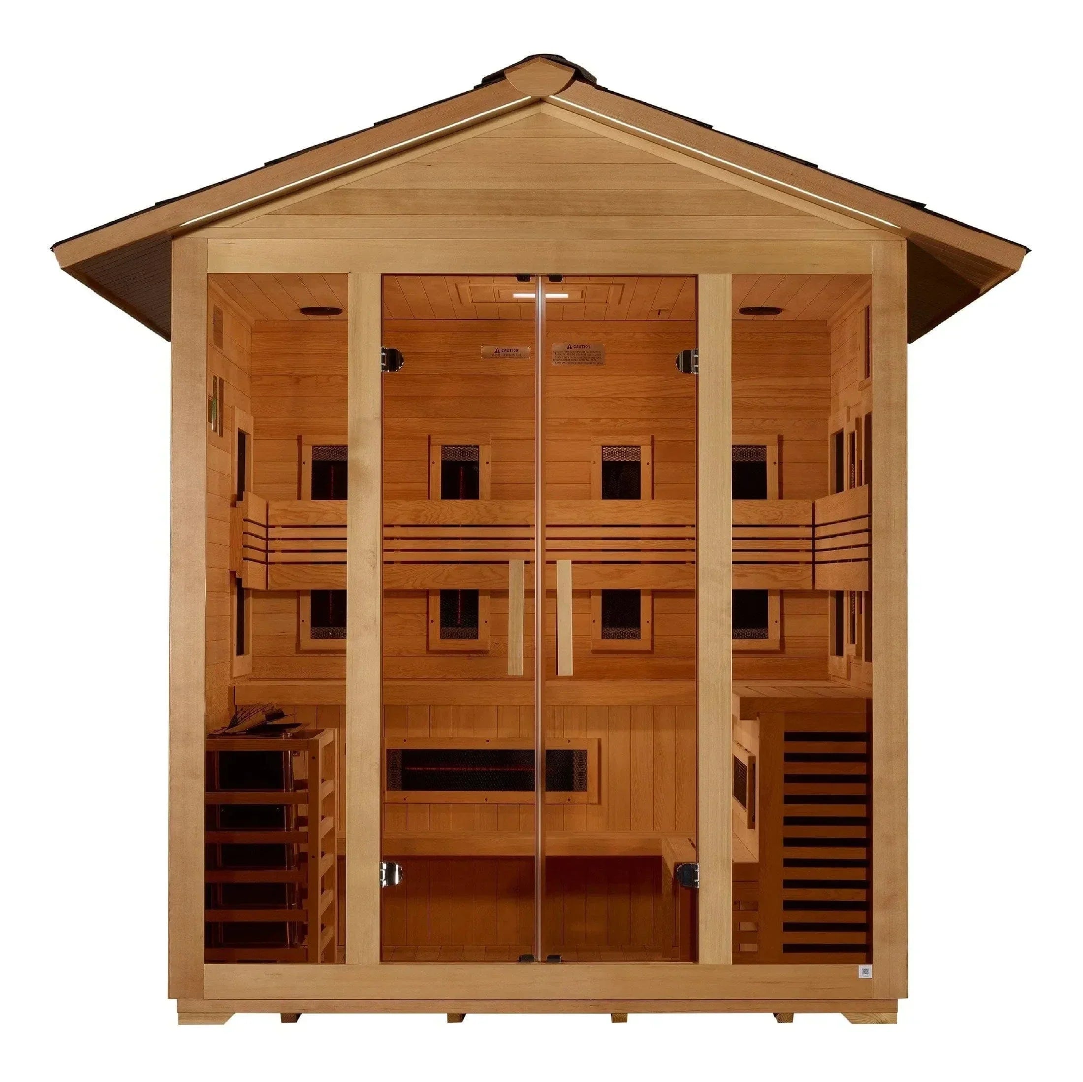 Interior of Golden Designs Gargellen hybrid sauna showing Harvia Wall 8KW traditional stove and Carbon PureTech infrared heating panels.