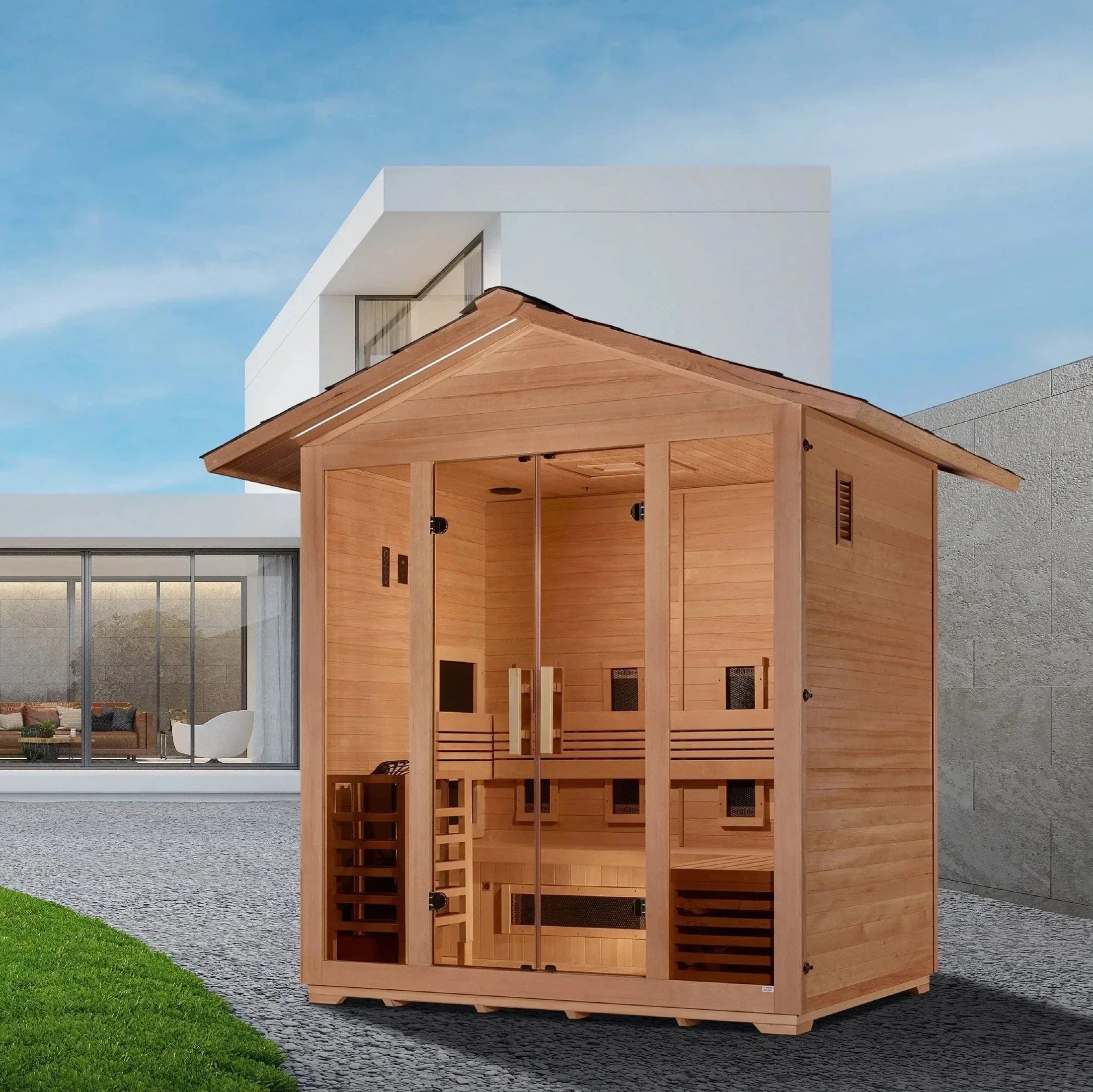 Golden Designs Gargellen 5-person hybrid outdoor sauna with Canadian Hemlock wood and dual infrared and traditional heating system
