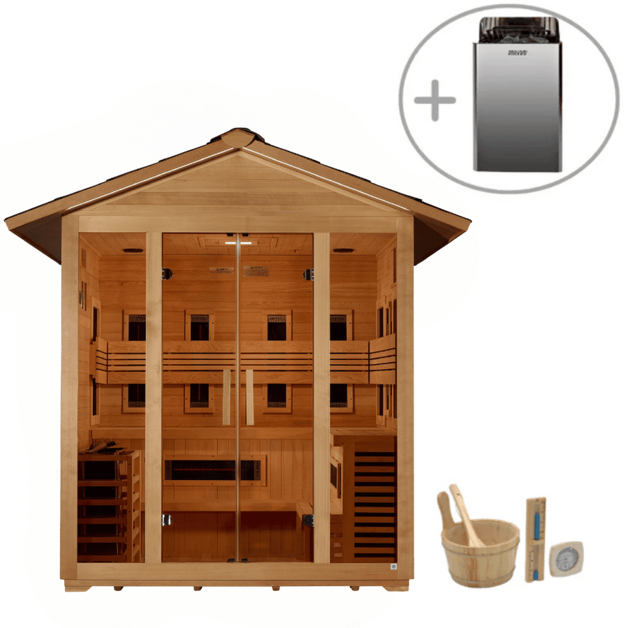 Premium Golden Designs Gargellen outdoor sauna for 5 people featuring Canadian Hemlock construction and hybrid infrared + stove heating