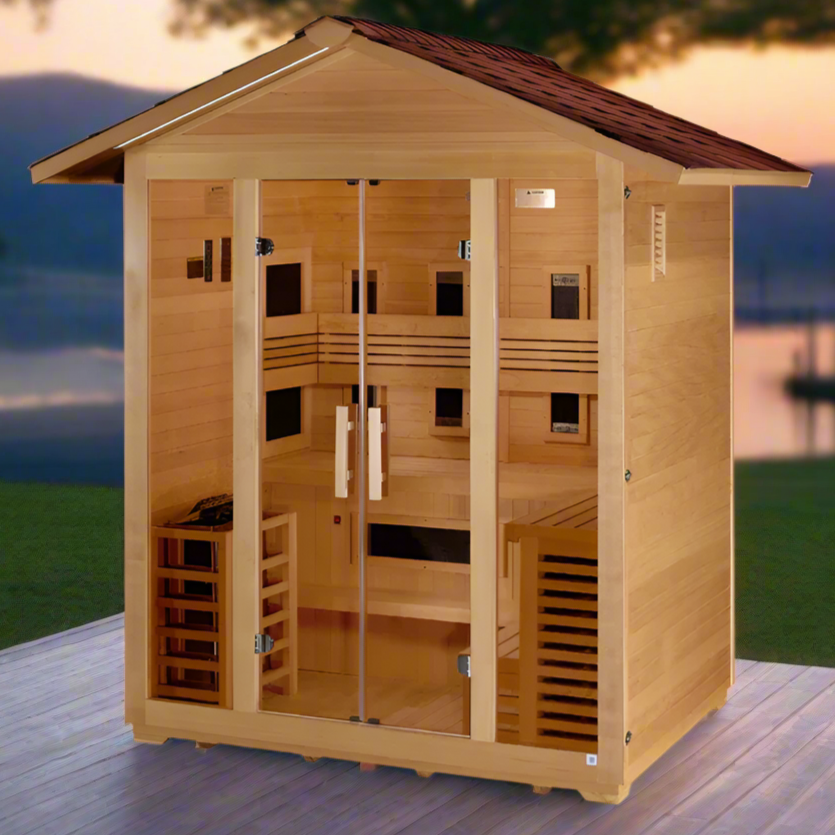 Golden Designs Gargellen outdoor sauna equipped with Harvia 8KW traditional stove for authentic high-temperature sauna sessions