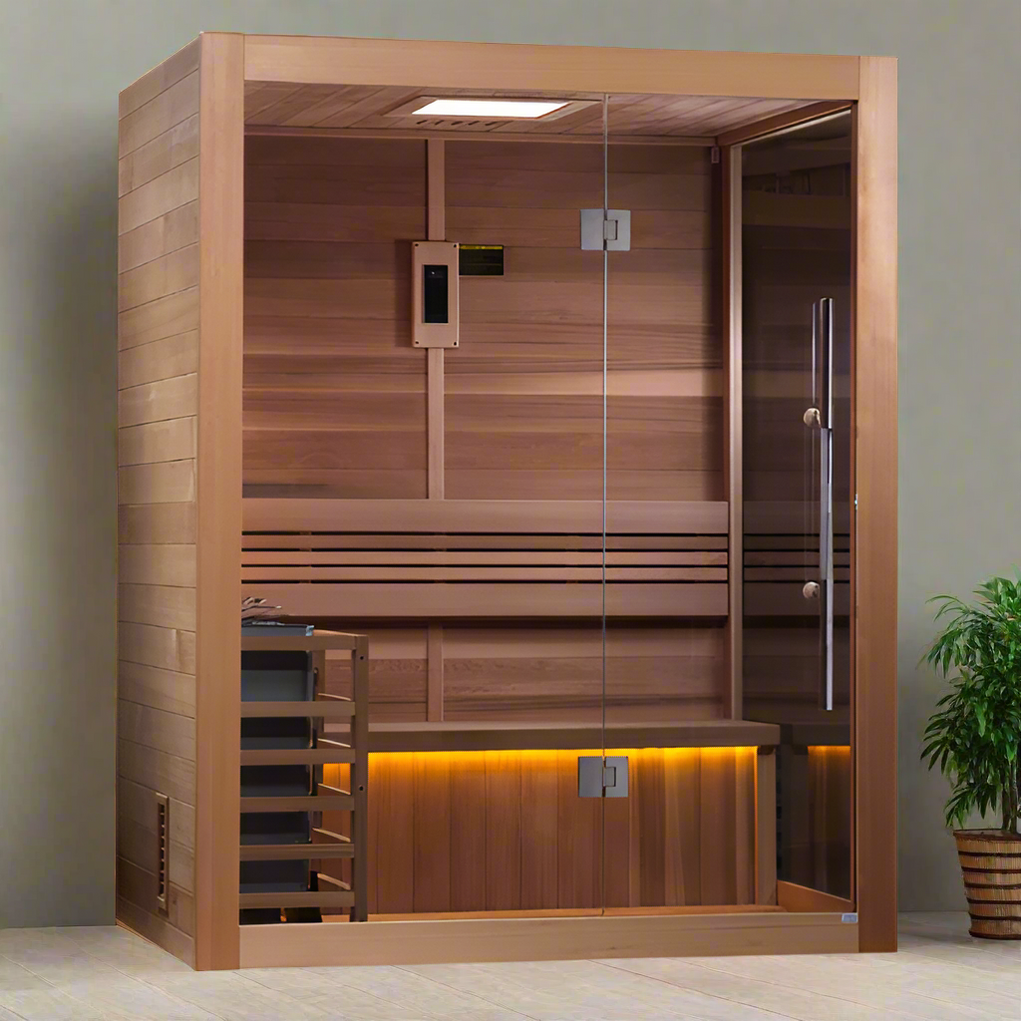 Golden Designs Hanko Edition indoor sauna cabin with built-in sauna heater for deep heat therapy and relaxation