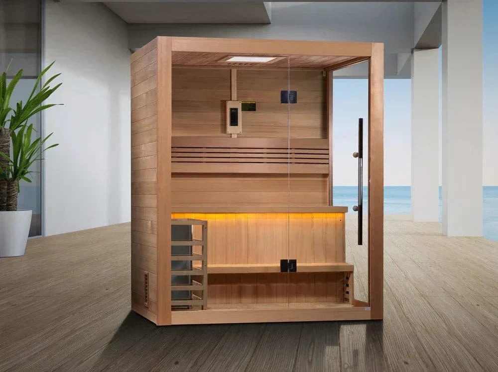 Indoor cedar wood sauna for two persons Golden Designs Hanko Edition GDI-7202-01 with traditional heat experience