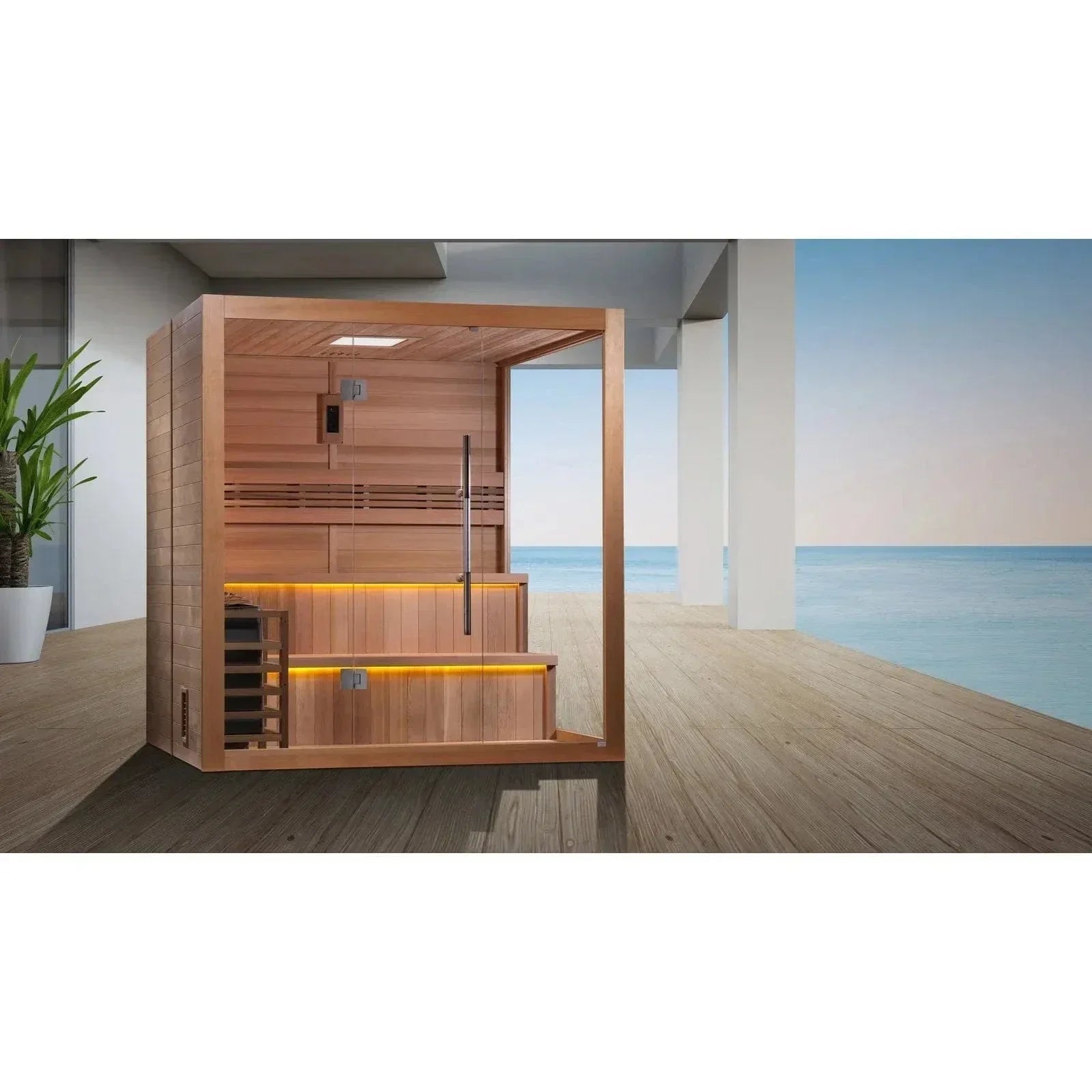 Compact 2-person indoor traditional sauna Golden Designs Hanko Edition with natural cedar wood interior for home spa experience
