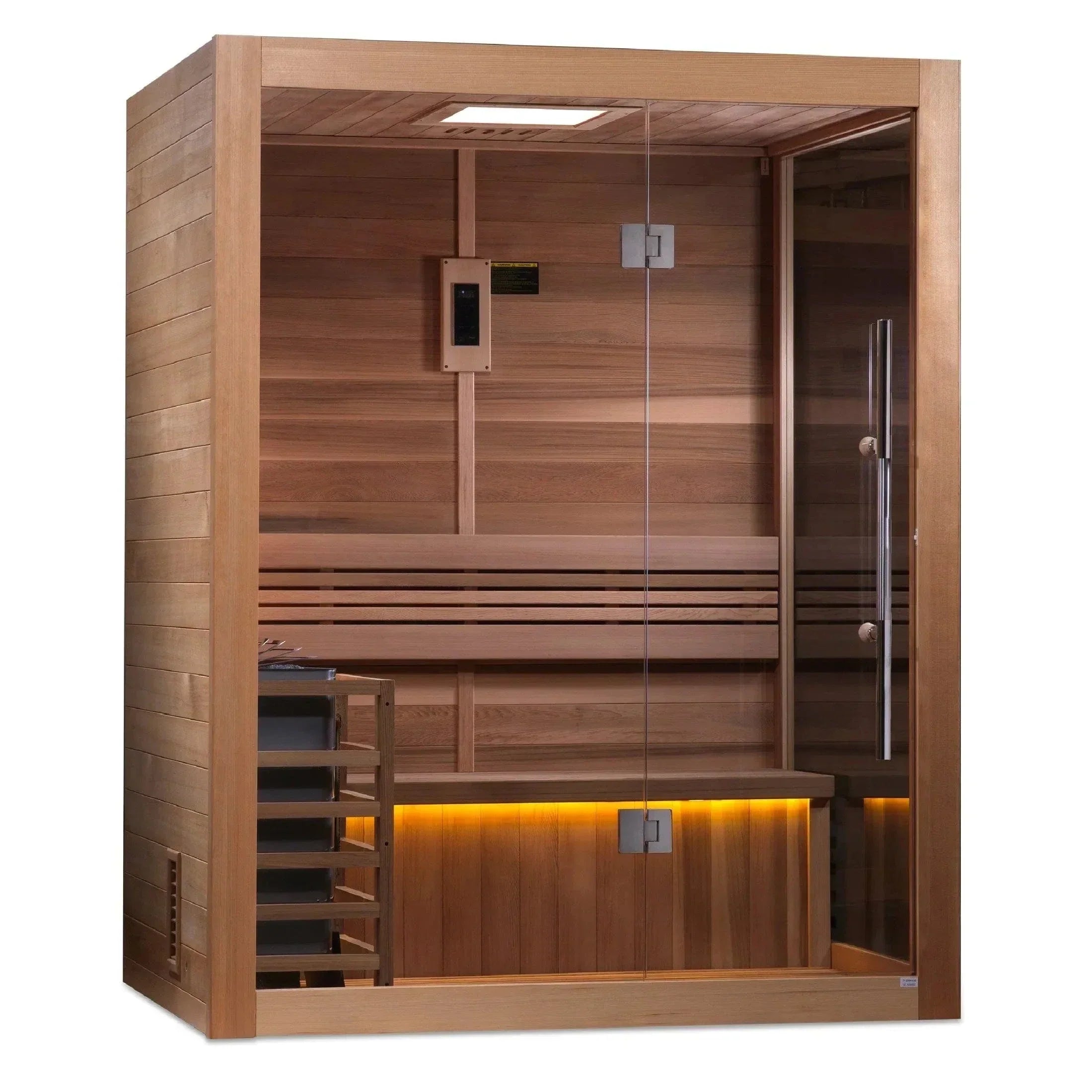 Close-up of the traditional stove heater with authentic sauna rocks inside the Golden Designs Hanko Edition indoor home sauna.