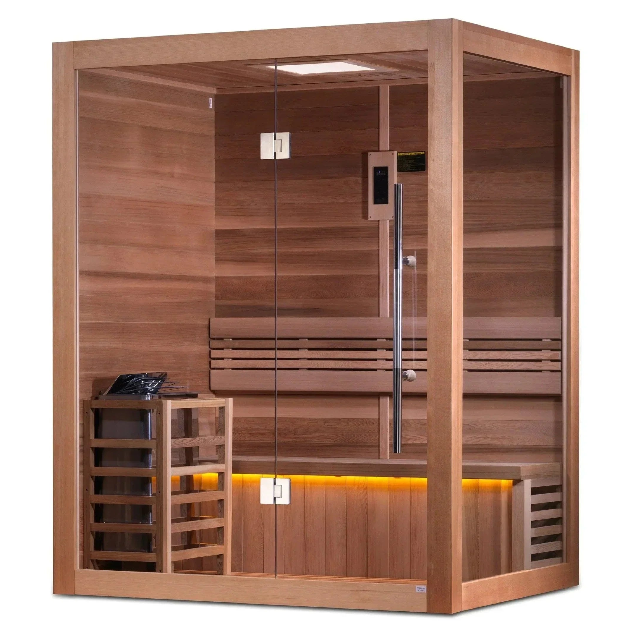 Golden Designs Hanko Edition GDI-7202-01 2-person indoor traditional sauna cabin featuring a premium Canadian Hemlock wood exterior.