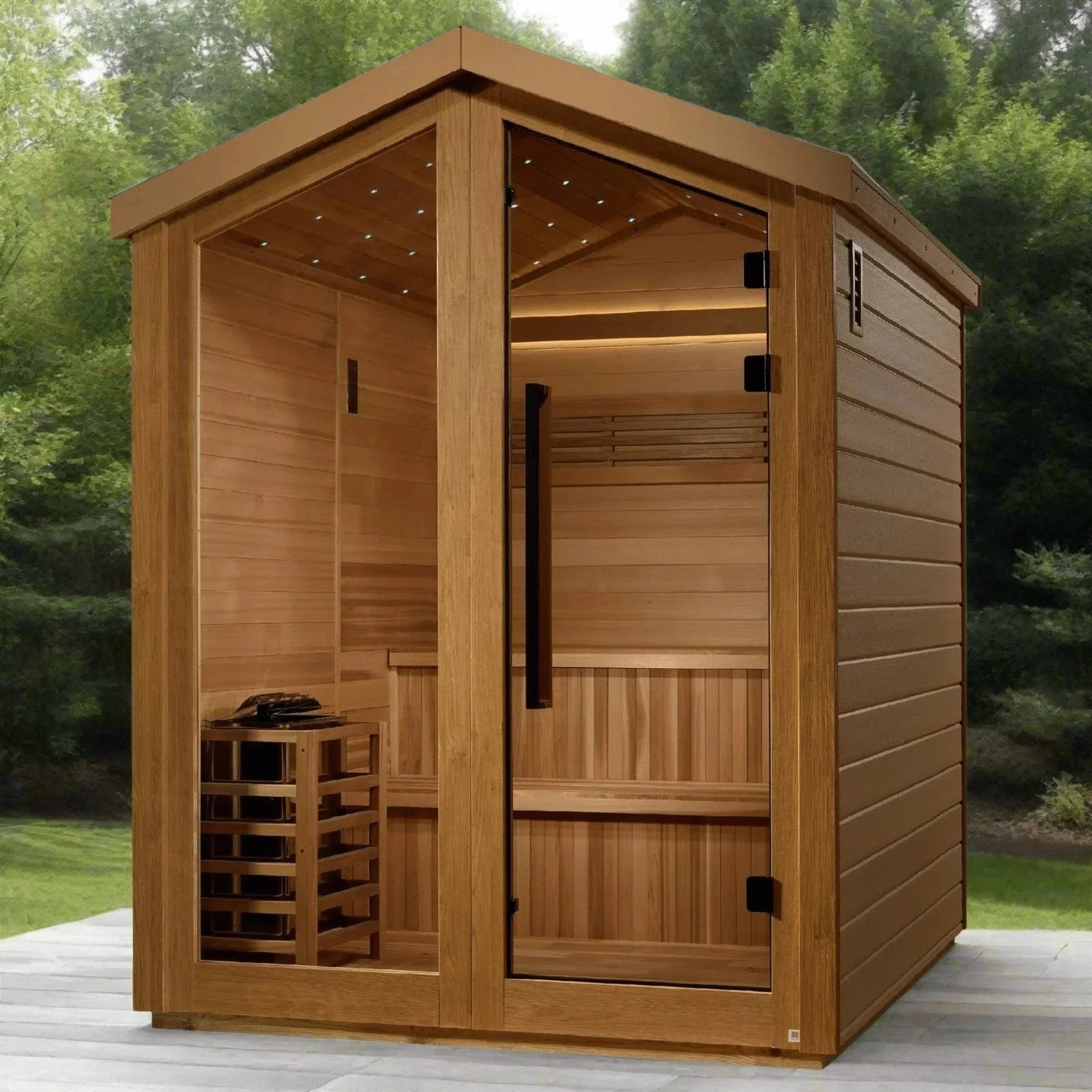 Outdoor 6-person traditional sauna by Golden Designs Kaarina model GDI-8506-01 featuring durable weather-resistant wooden cabin for home wellness