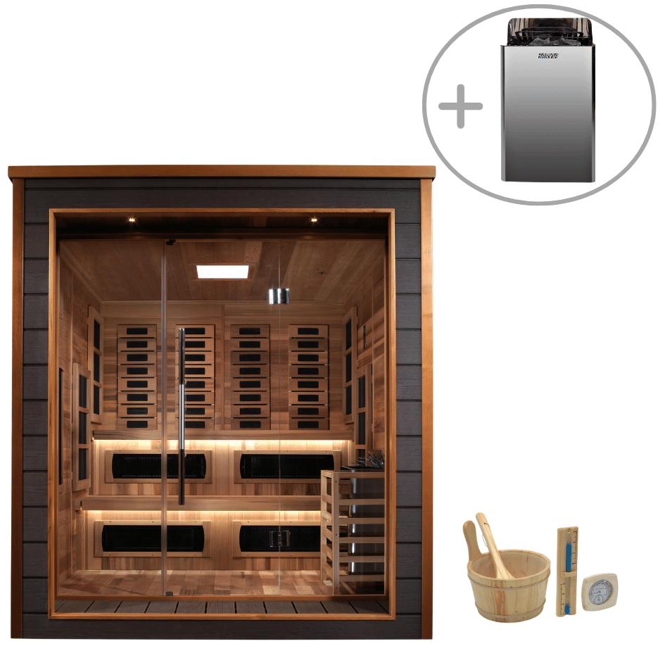 6-person backyard hybrid sauna Golden Designs Karlstad with luxury cedar interior and selectable infrared or Harvia stove heating technology