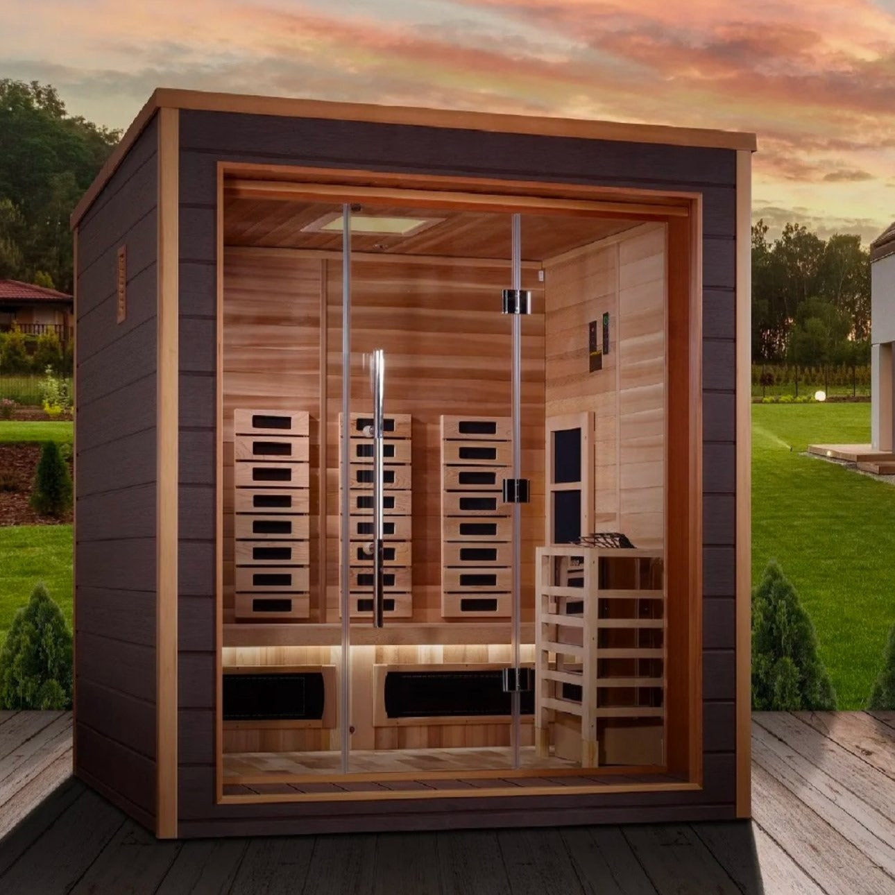 6-person outdoor hybrid sauna Golden Designs Karlstad GDI-8226-01 with full spectrum infrared and Harvia stove option, Canadian red cedar wood cabin