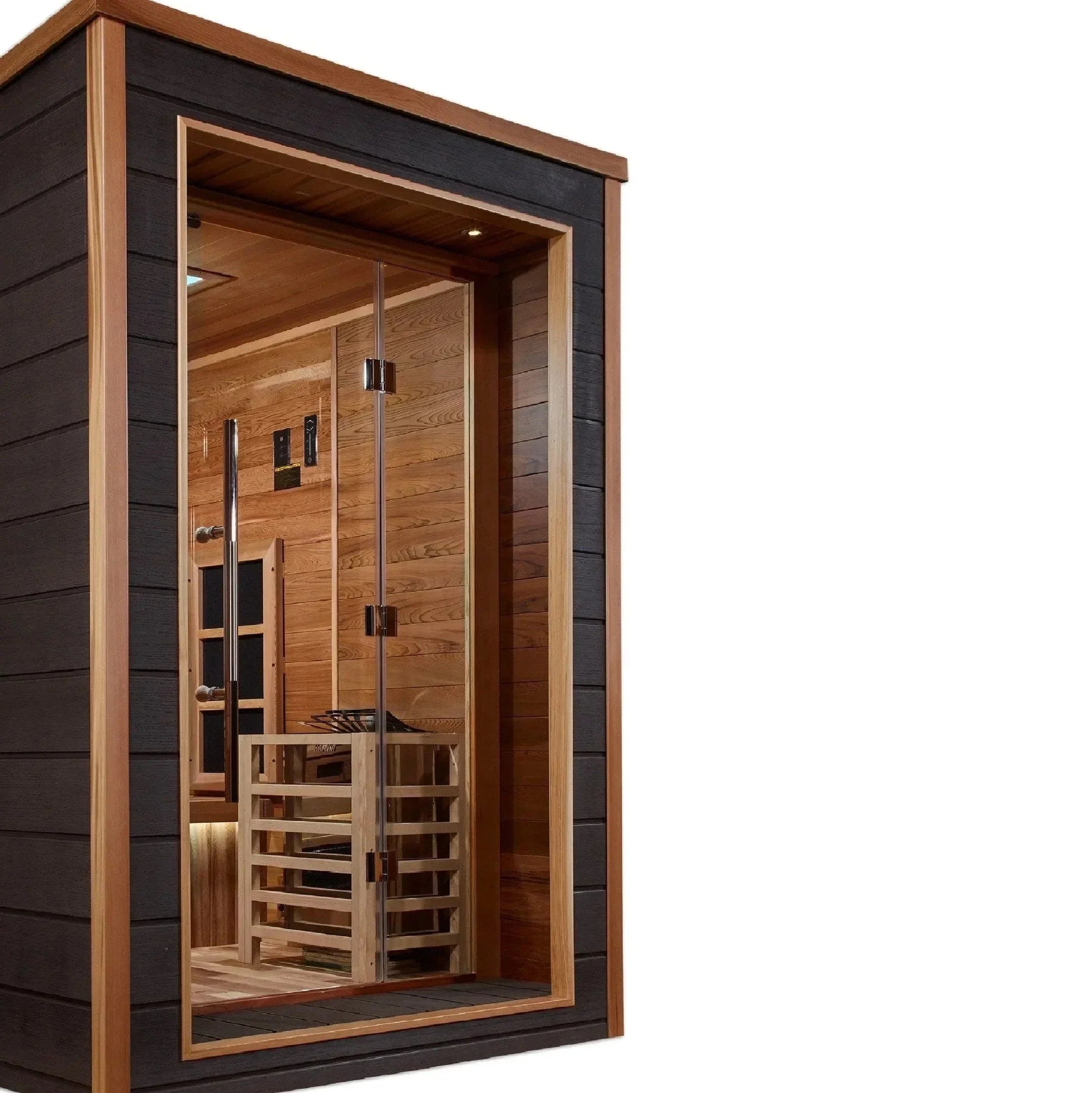 Golden Designs Karlstad 6-person hybrid traditional and infrared outdoor sauna beautifully installed on a luxury backyard wooden patio deck.