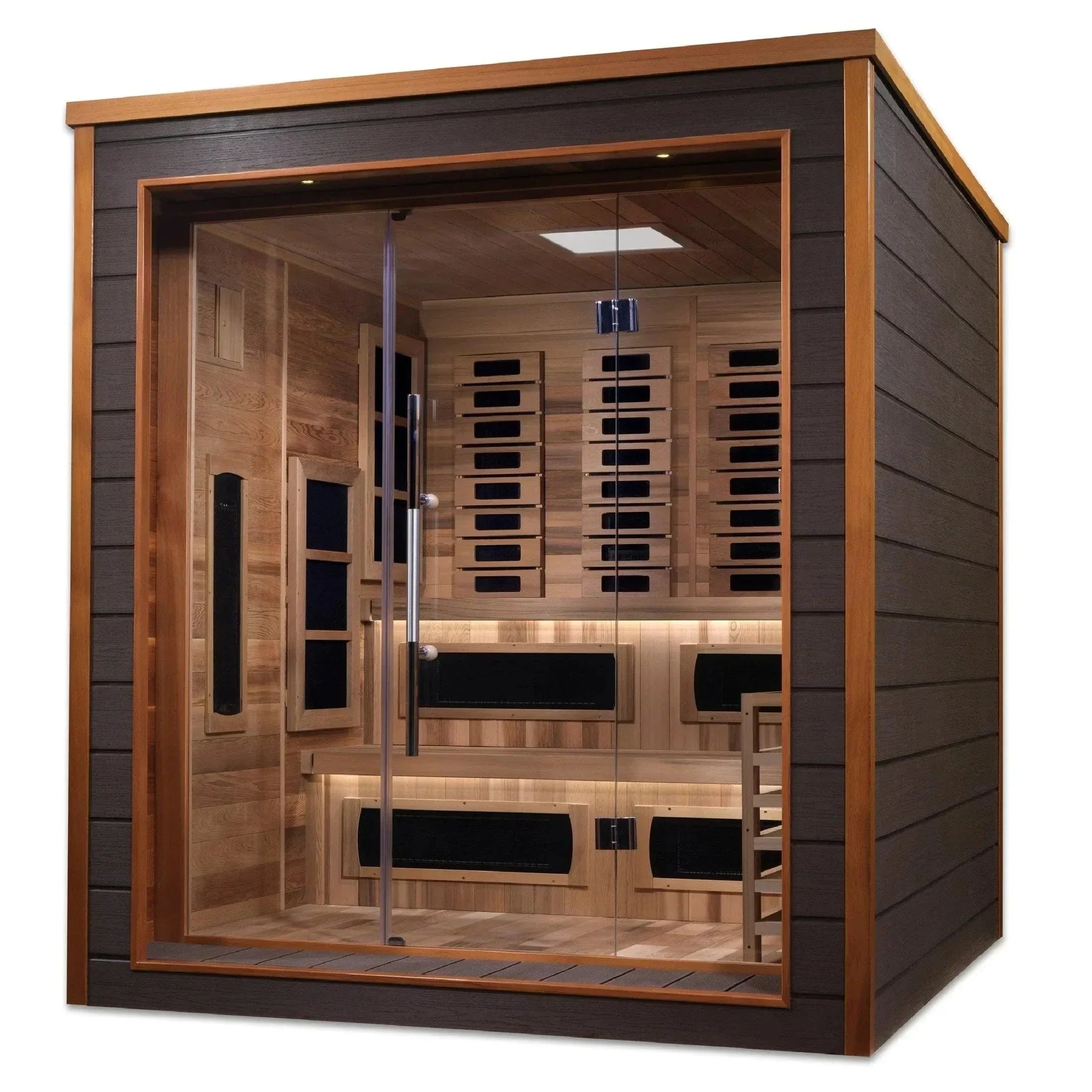 Interior of Golden Designs Karlstad sauna highlighting the advanced dual heating system with PureTech full spectrum infrared panels and a Harvia traditional stove.