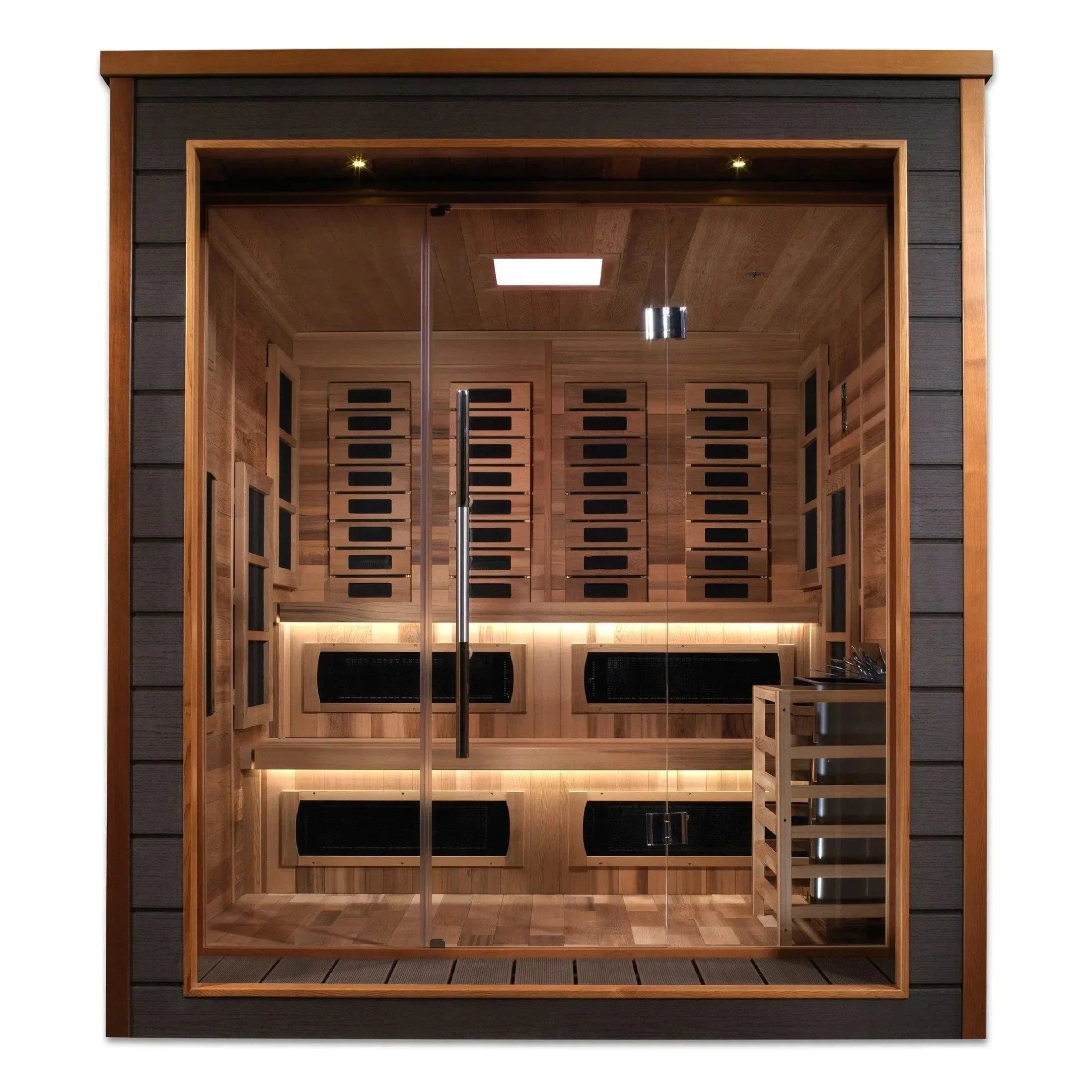 Spacious interior layout of the Golden Designs Karlstad outdoor hybrid sauna showcasing premium aromatic Canadian Red Cedar wood lining and multi-person seating.