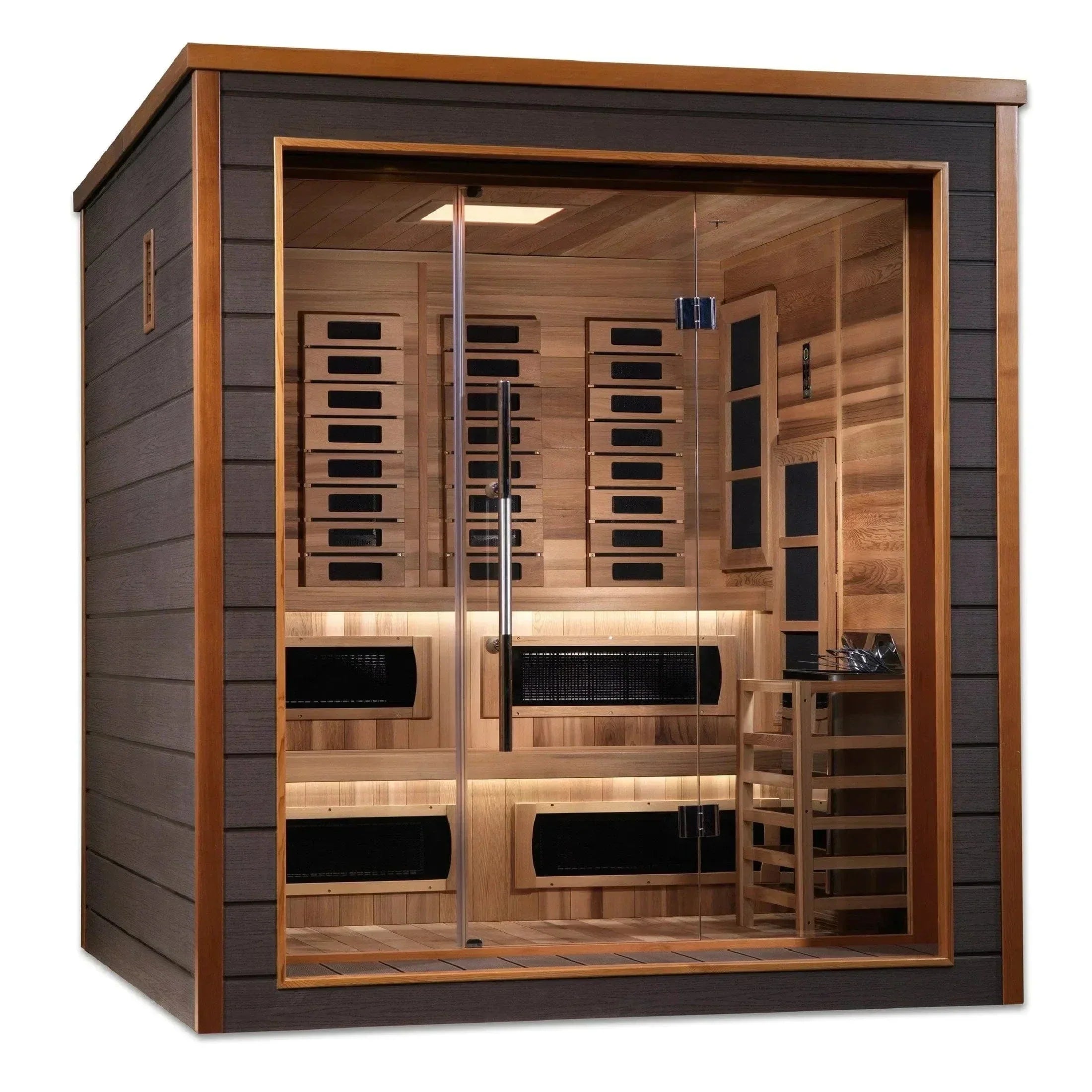 Golden Designs Karlstad GDI-8226-01 6-person hybrid outdoor sauna cabin featuring a durable weatherproof structure for premium backyard wellness.