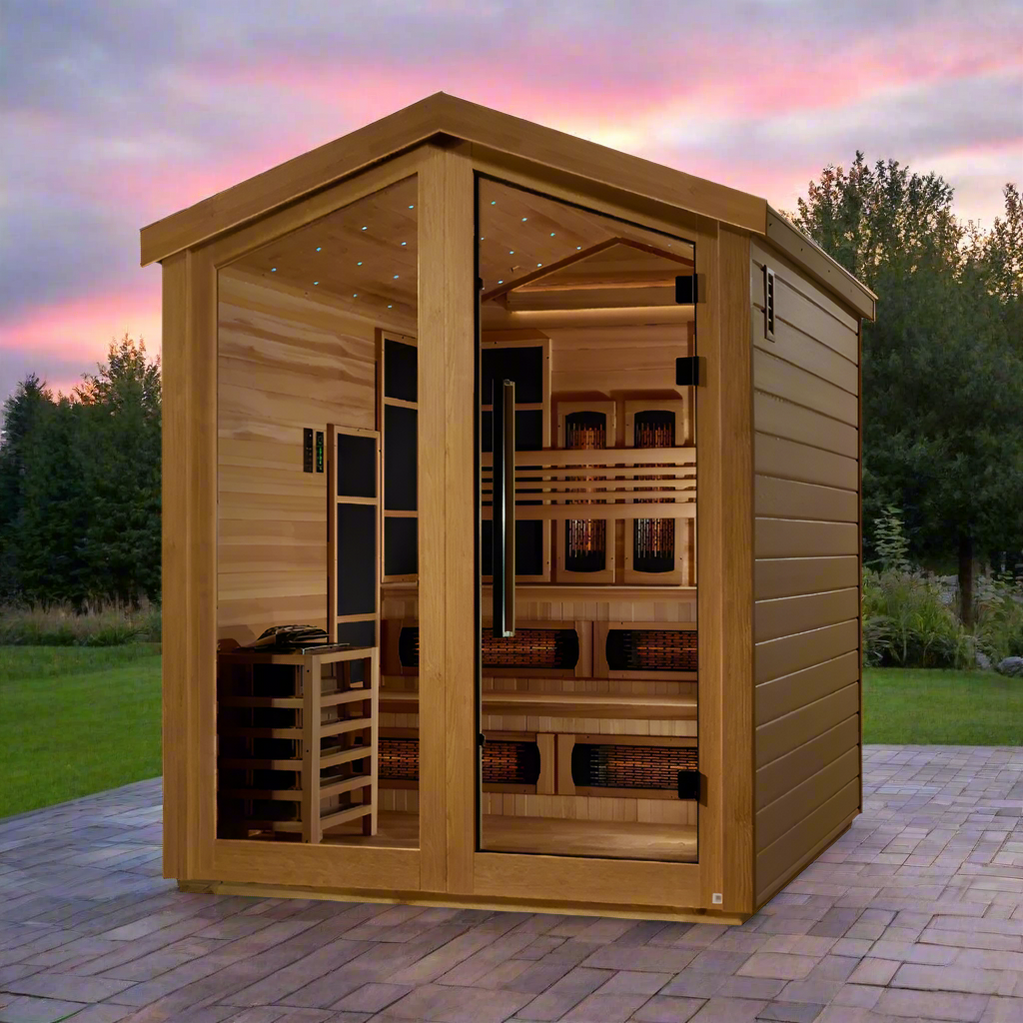 Golden Designs Kaskinen outdoor hybrid sauna for 6 people built with Canadian red cedar and designed for luxury home spa wellness