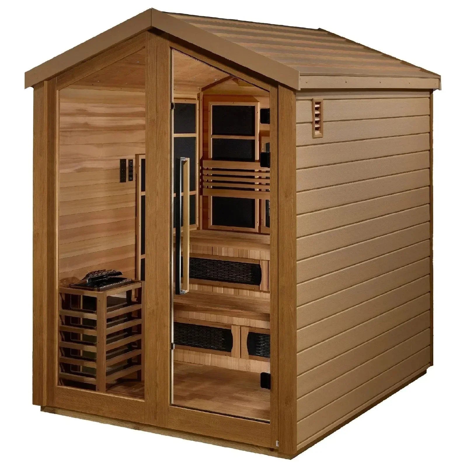 Golden Designs Kaskinen 6 Person Hybrid Outdoor Sauna featuring infrared and traditional heating system with premium cedar wood construction