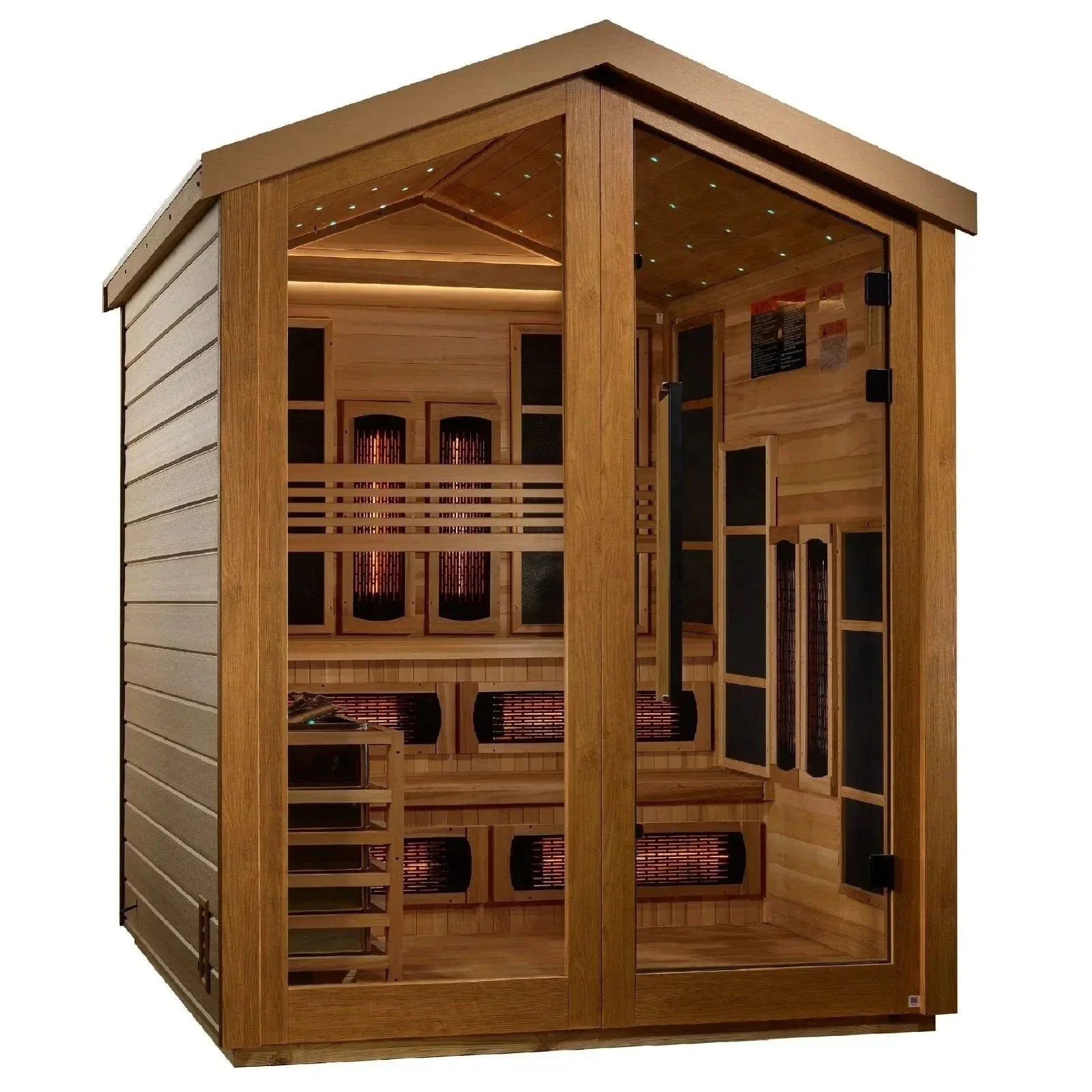 Golden Designs Kaskinen hybrid outdoor home sauna built with premium aromatic Canadian Red Cedar wood.