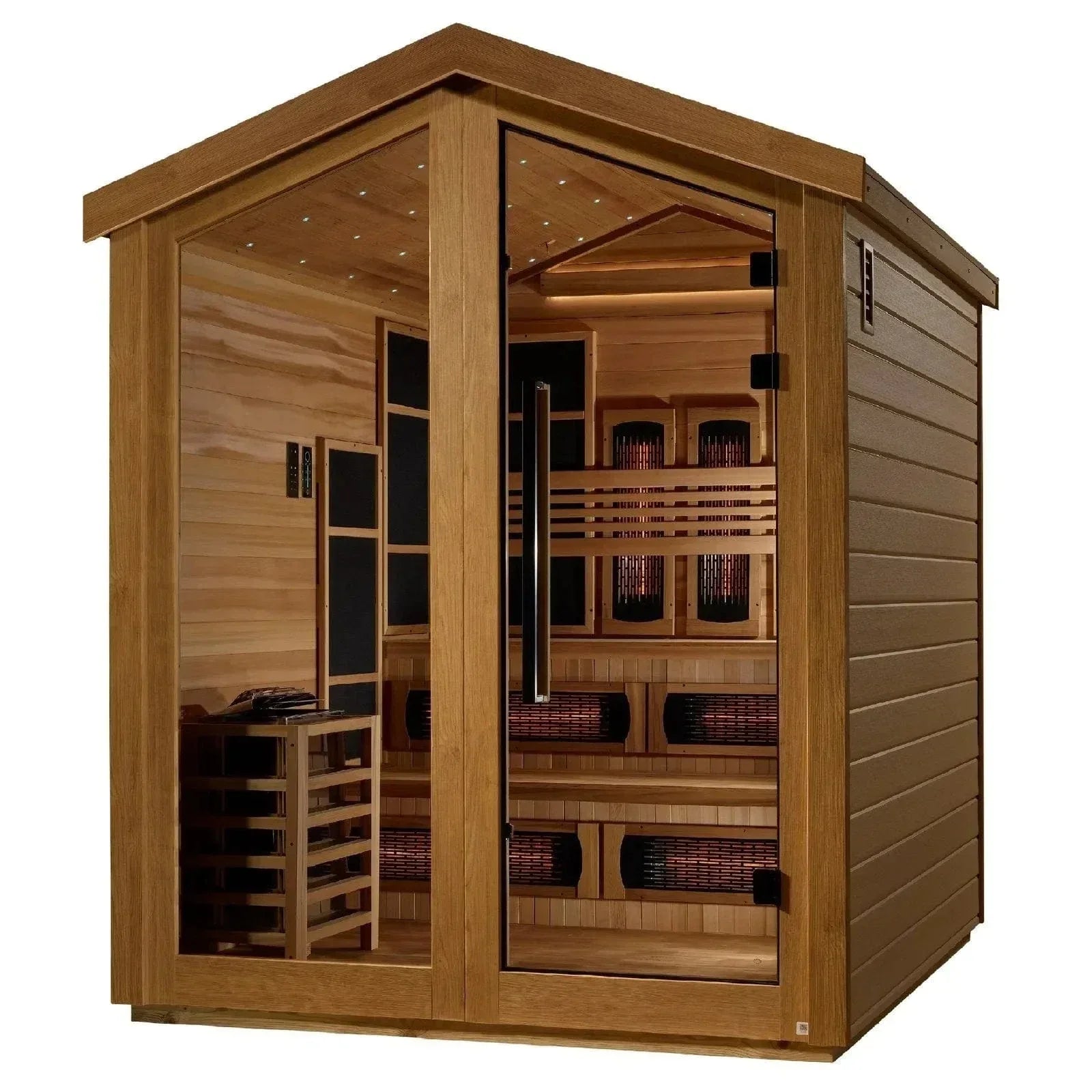 Golden Designs Kaskinen GDI-8526-01 6-person hybrid outdoor sauna cabin featuring a durable all-weather protective exterior.