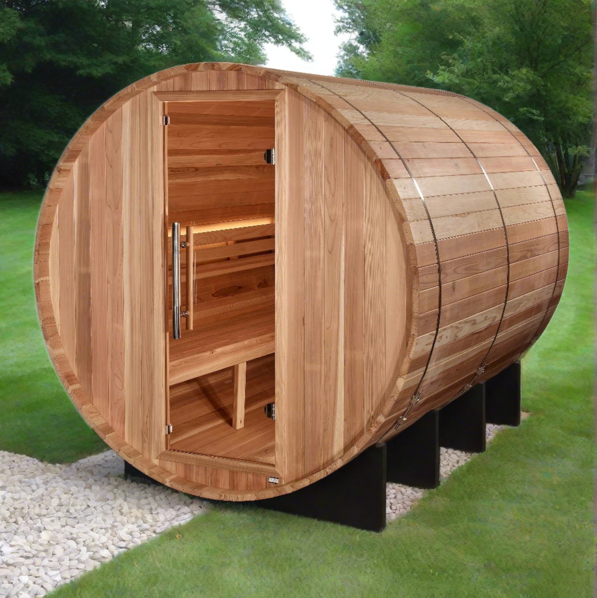Outdoor 6 person barrel sauna Golden Designs Klosters with natural wood finish, curved cabin shape, and authentic Finnish-style heat therapy experience.