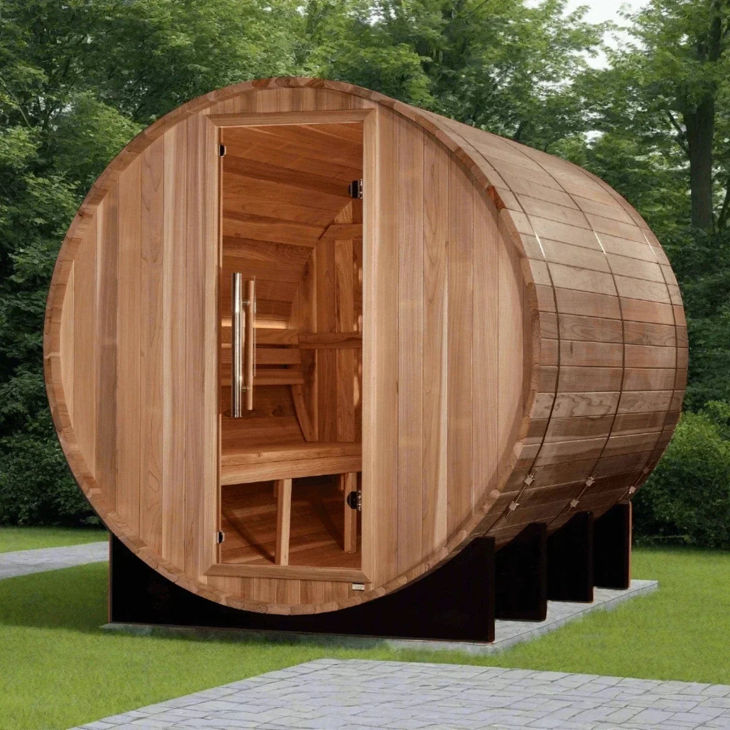 Golden Designs Klosters 6 Person Barrel Sauna GDI-B006-01 with curved cedar wood exterior and outdoor traditional Finnish sauna design for luxury home spa experience.