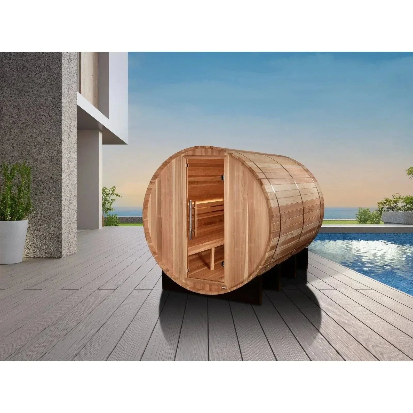 Traditional outdoor barrel sauna for 6 people by Golden Designs Klosters, built with high-quality cedar wood and designed for relaxing home spa and wellness sessions.